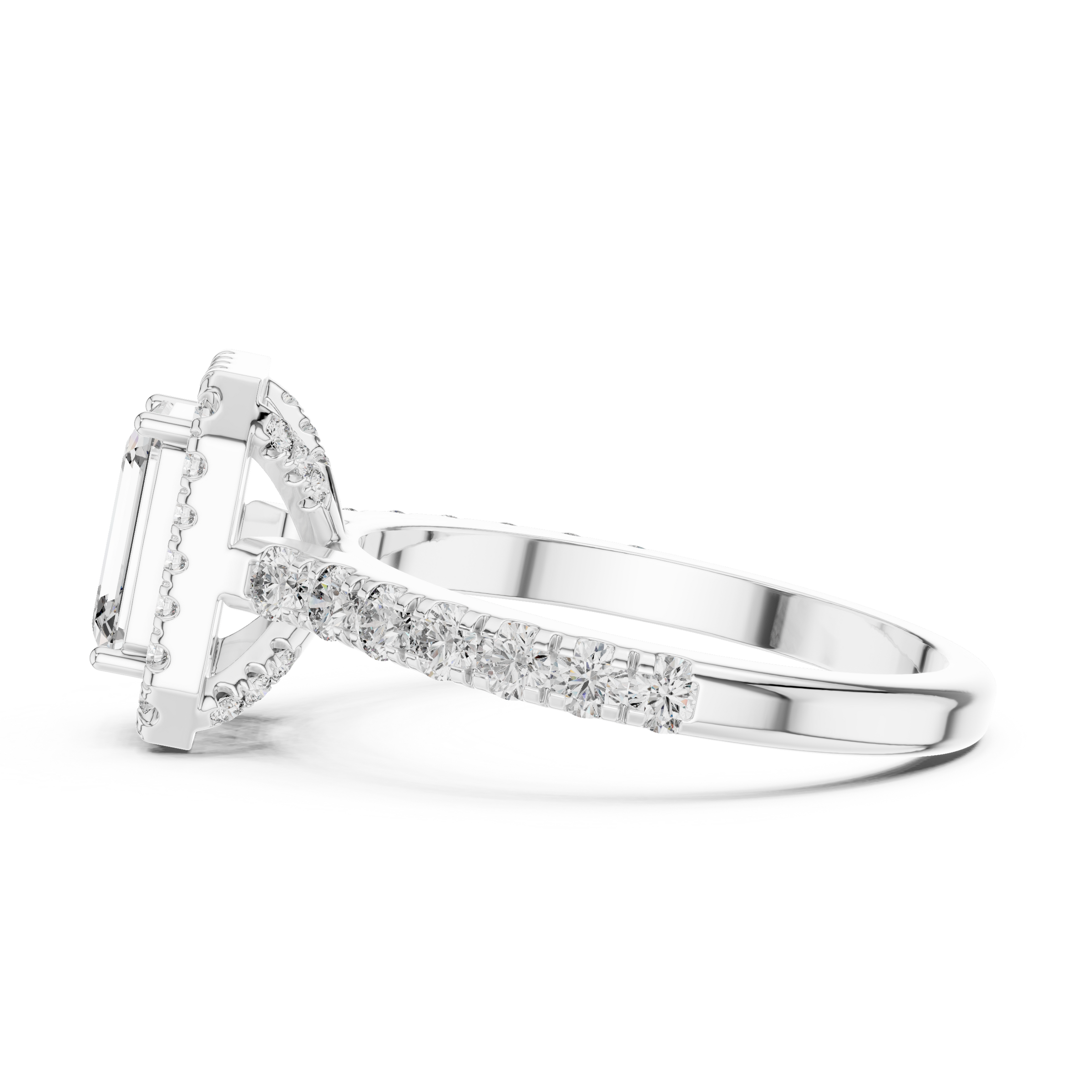 1–3 Carat Emerald Cut Lab-Grown Diamond Halo Engagement Ring – Pave Band in 18K Gold