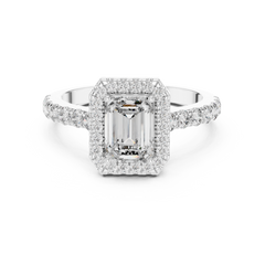 1–3 Carat Emerald Cut Lab-Grown Diamond Halo Engagement Ring – Pave Band in 18K Gold