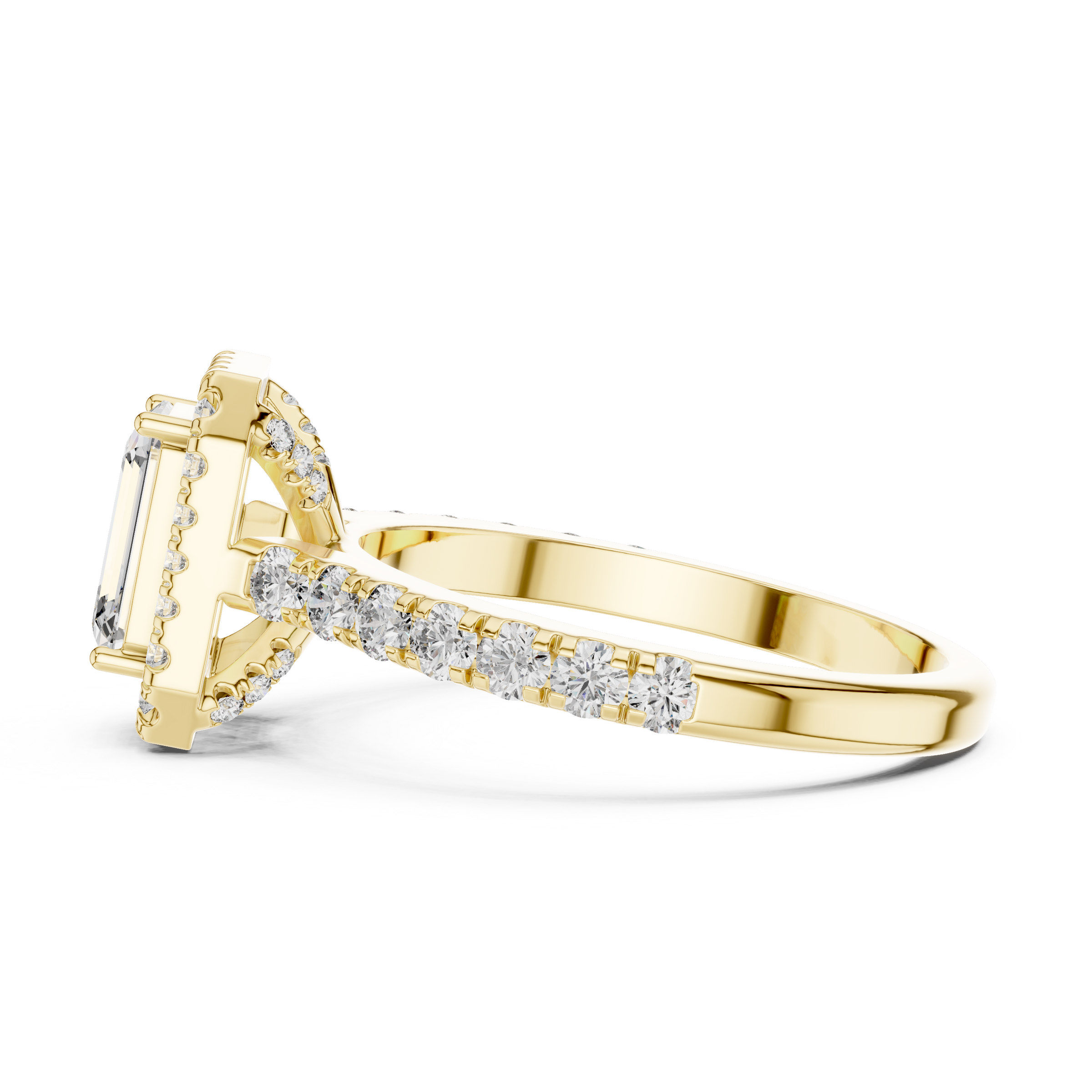 1–3 Carat Emerald Cut Lab-Grown Diamond Halo Engagement Ring – Pave Band in 18K Gold