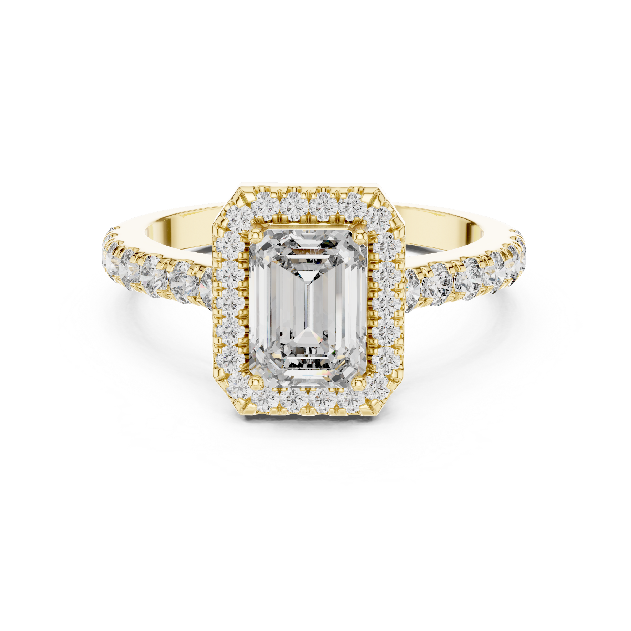 1–3 Carat Emerald Cut Lab-Grown Diamond Halo Engagement Ring – Pave Band in 18K Gold