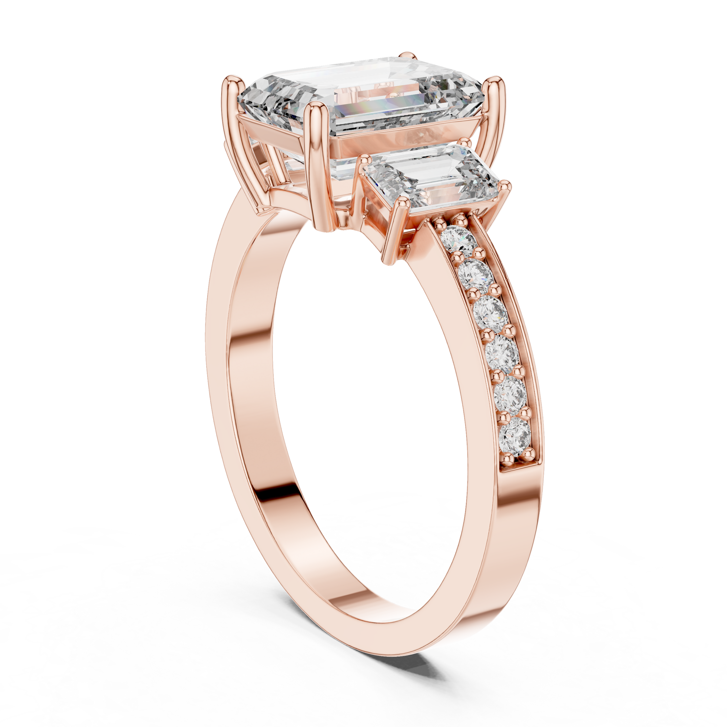 1–5 Carat Emerald Cut Lab-Grown Diamond Solitaire Trilogy Ring in 18K Gold – Emerald Side Stones with Pavé Band