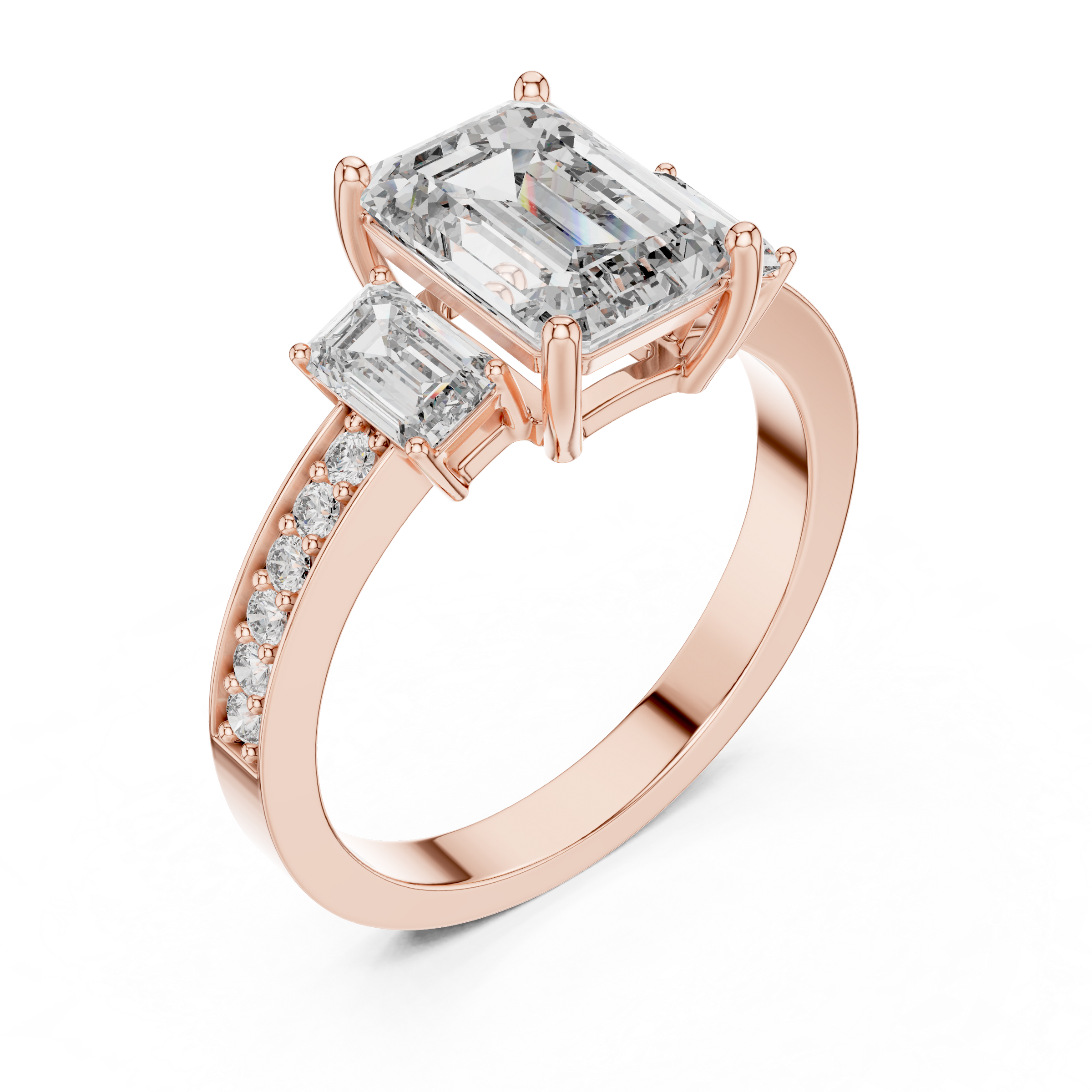 1–5 Carat Emerald Cut Lab-Grown Diamond Solitaire Trilogy Ring in 18K Gold – Emerald Side Stones with Pavé Band