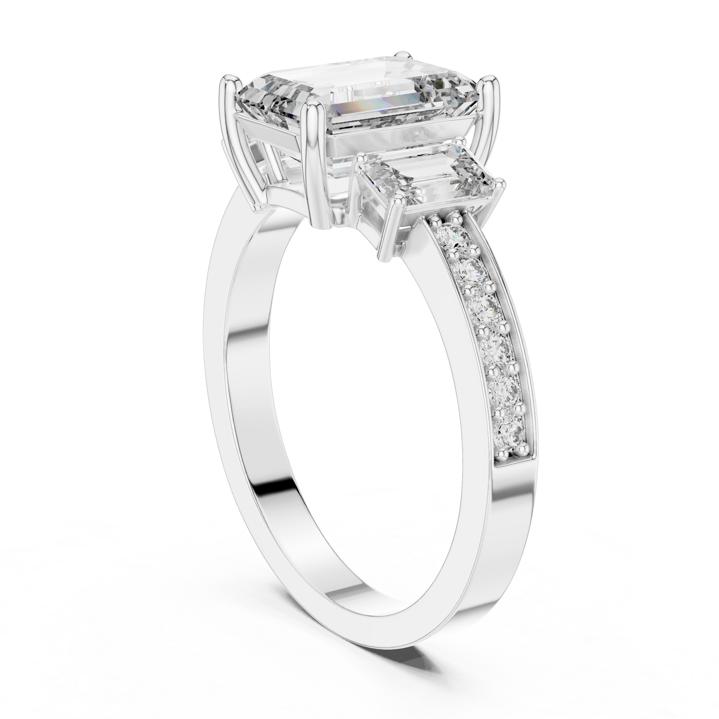 1–5 Carat Emerald Cut Lab-Grown Diamond Solitaire Trilogy Ring in 18K Gold – Emerald Side Stones with Pavé Band