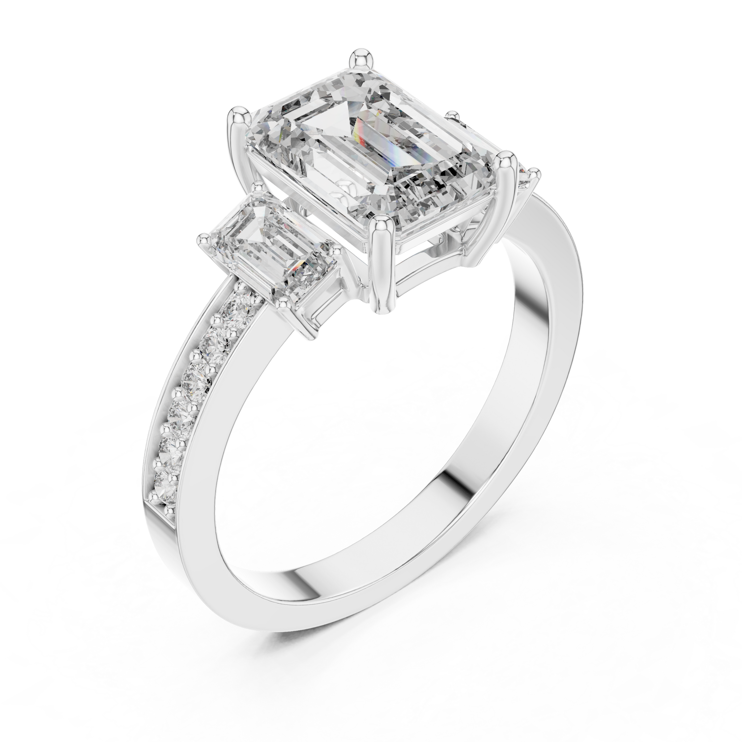 1–5 Carat Emerald Cut Lab-Grown Diamond Solitaire Trilogy Ring in 18K Gold – Emerald Side Stones with Pavé Band