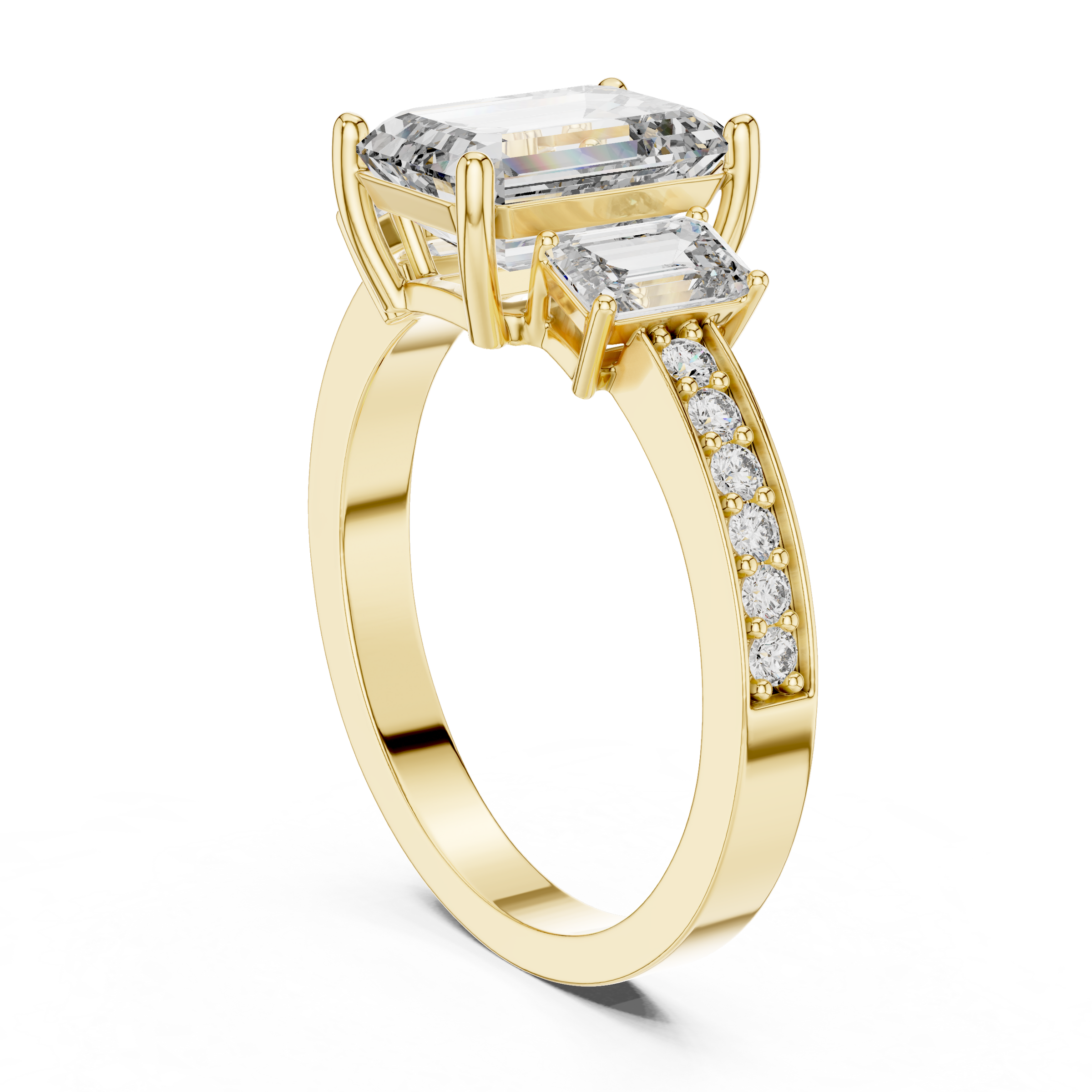 1–5 Carat Emerald Cut Lab-Grown Diamond Solitaire Trilogy Ring in 18K Gold – Emerald Side Stones with Pavé Band