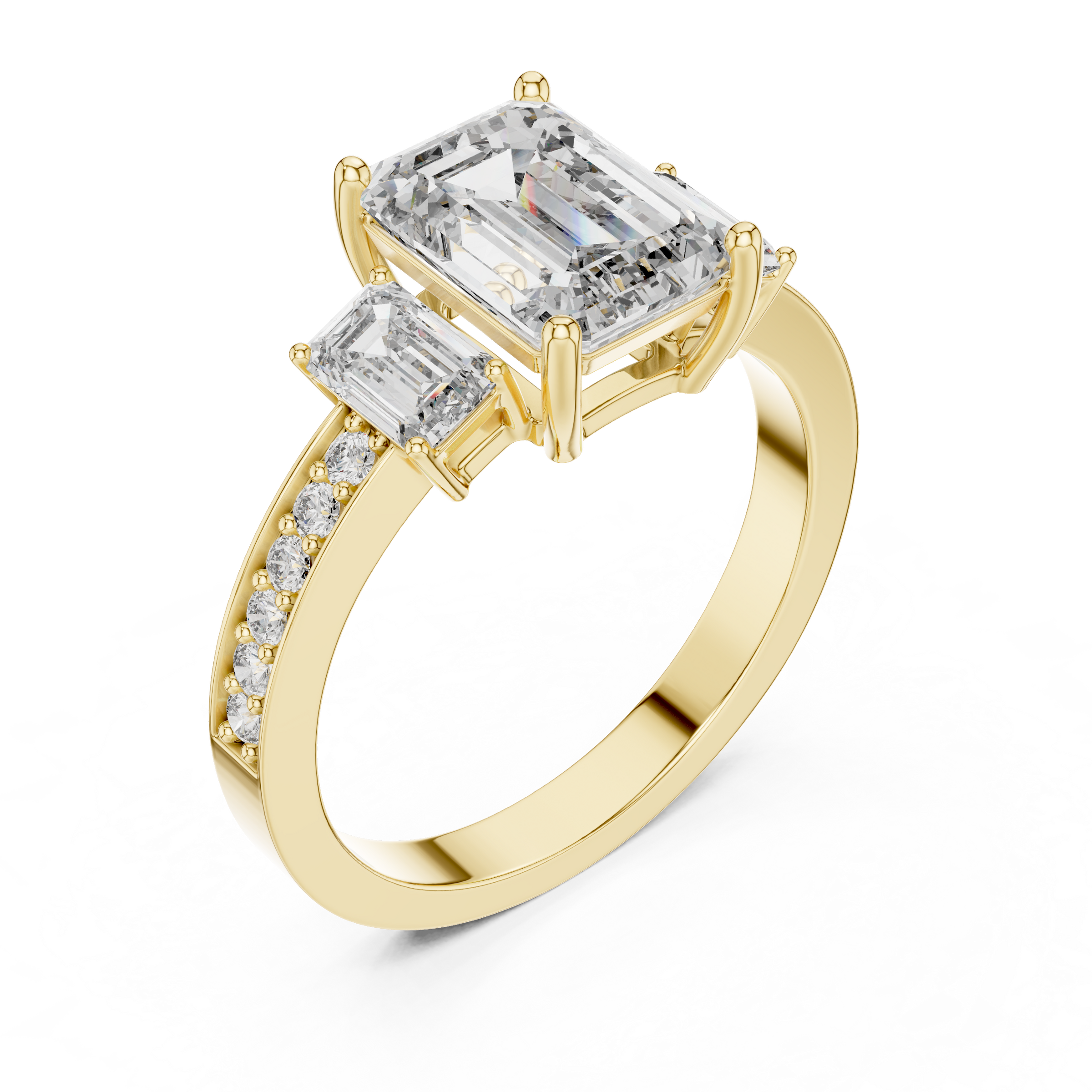 1–5 Carat Emerald Cut Lab-Grown Diamond Solitaire Trilogy Ring in 18K Gold – Emerald Side Stones with Pavé Band