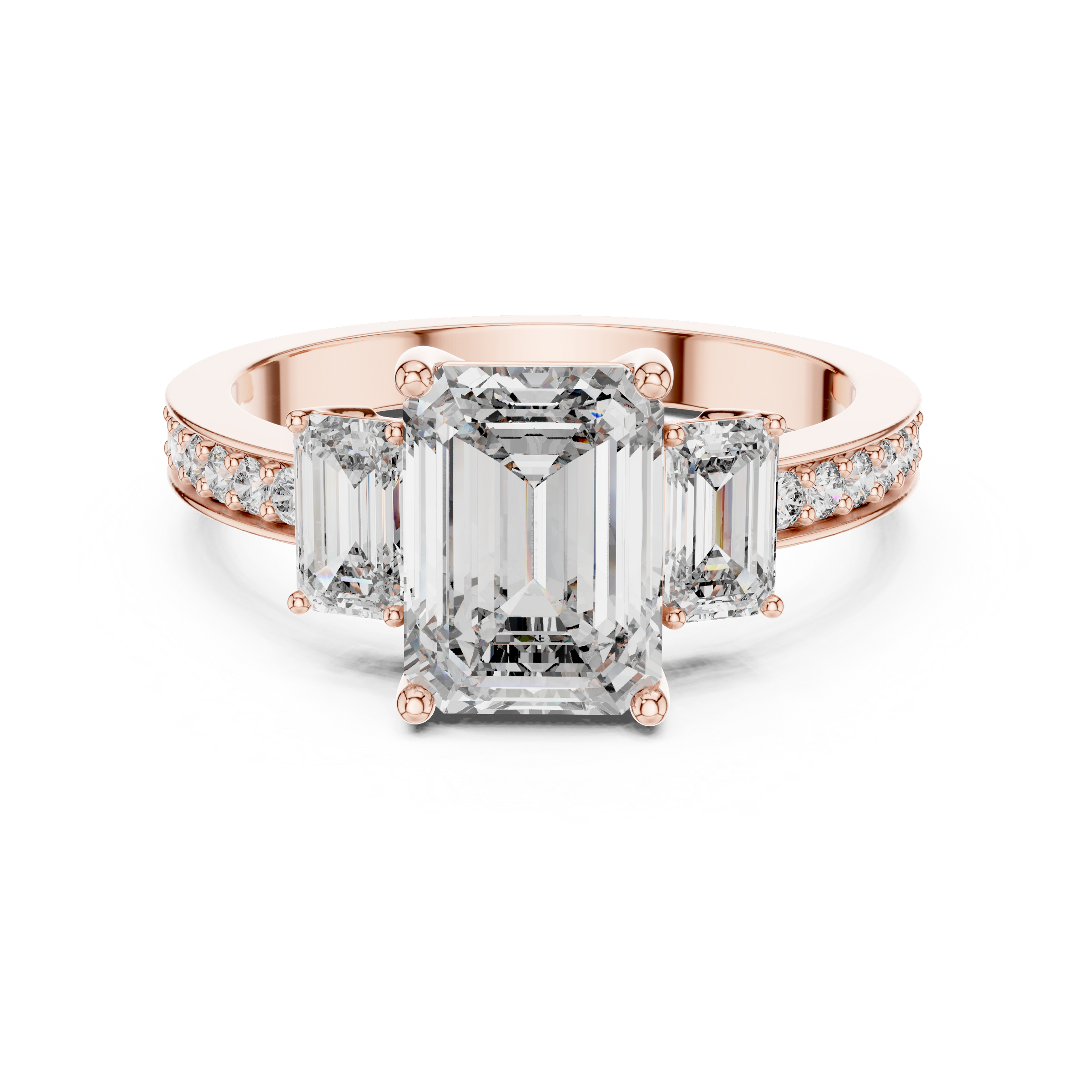 1–5 Carat Emerald Cut Lab-Grown Diamond Solitaire Trilogy Ring in 18K Gold – Emerald Side Stones with Pavé Band