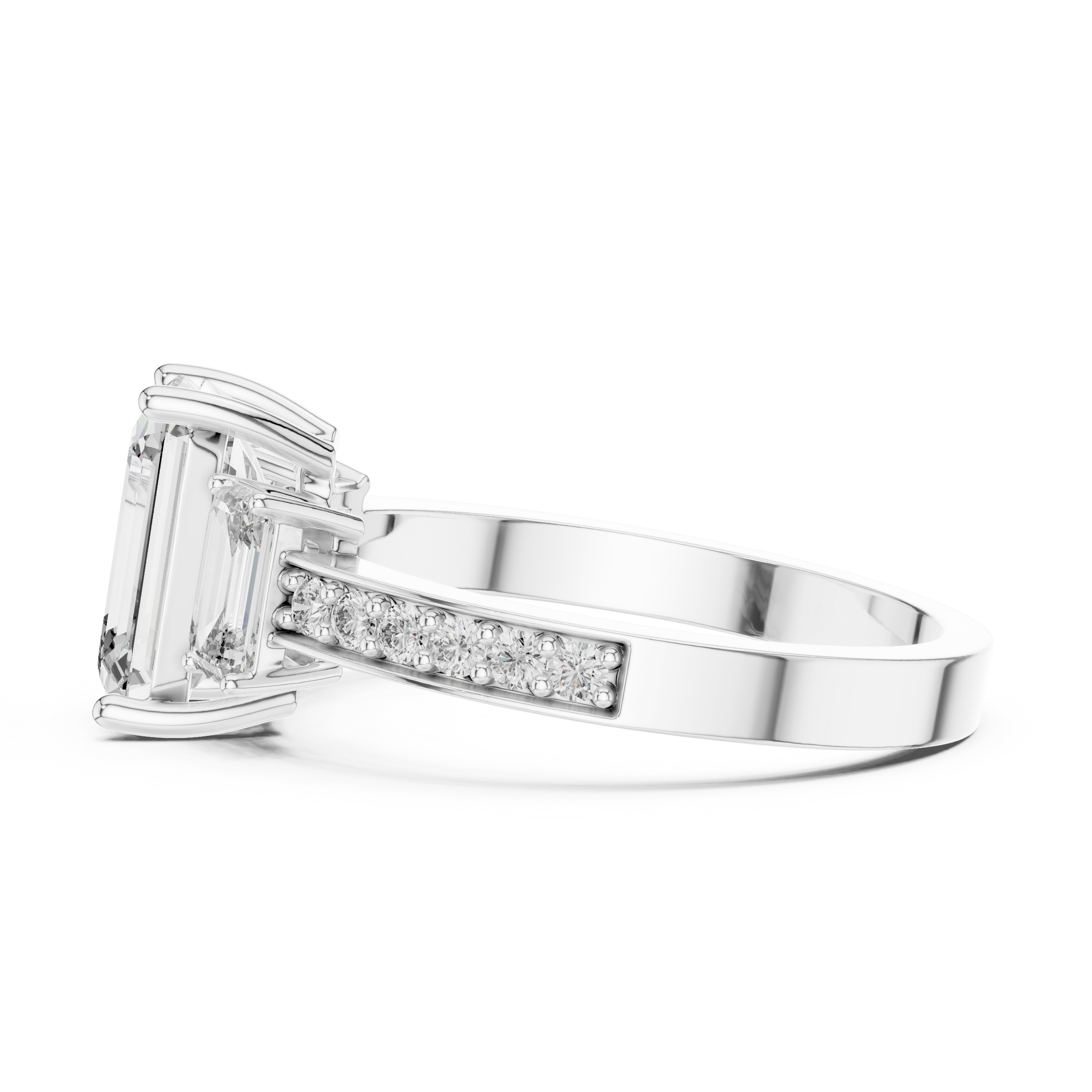 1–5 Carat Emerald Cut Lab-Grown Diamond Solitaire Trilogy Ring in 18K Gold – Emerald Side Stones with Pavé Band