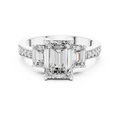 1–5 Carat Emerald Cut Lab-Grown Diamond Solitaire Trilogy Ring in 18K Gold – Emerald Side Stones with Pavé Band