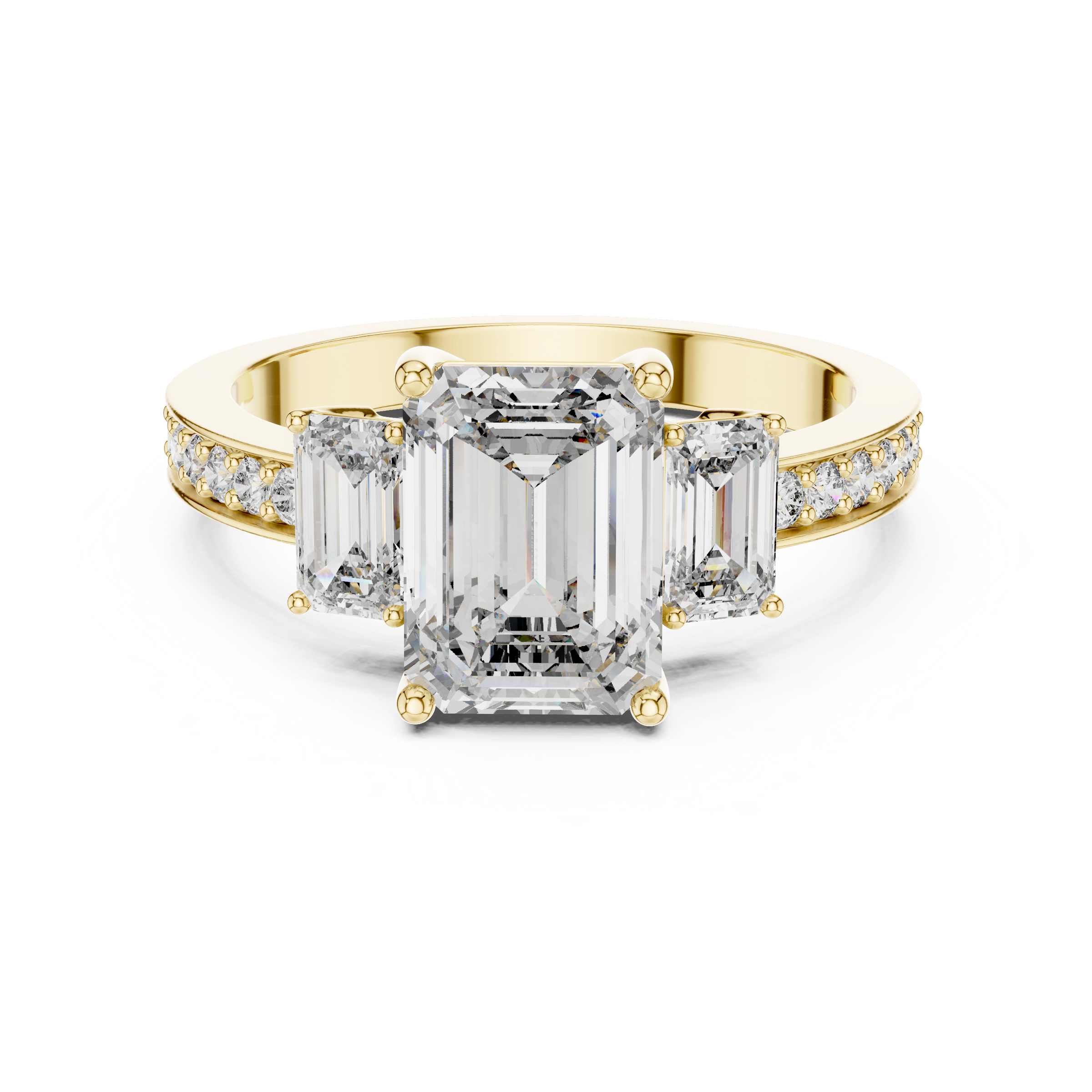 1–5 Carat Emerald Cut Lab-Grown Diamond Solitaire Trilogy Ring in 18K Gold – Emerald Side Stones with Pavé Band