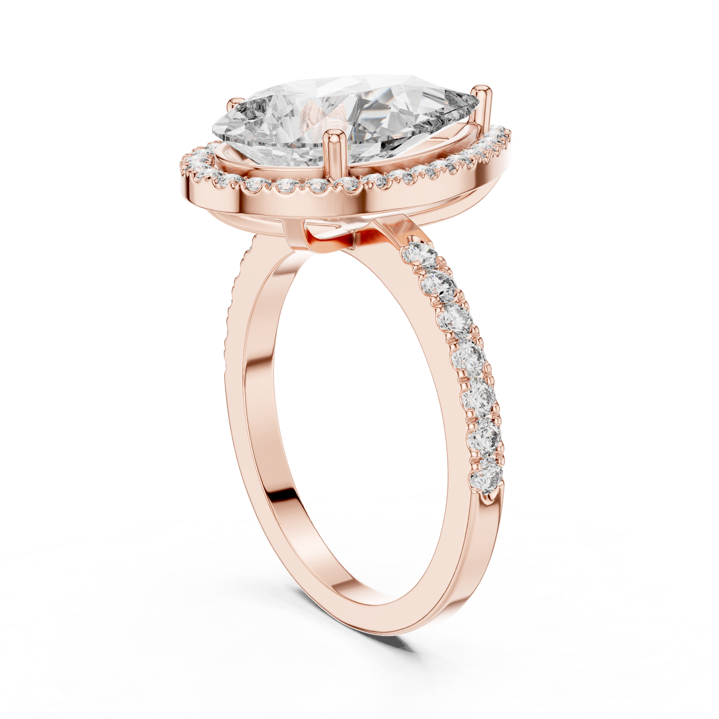 1–5 Carat Pear Cut Lab-Grown Diamond Halo Engagement Ring – Pavé Band in 18K Gold