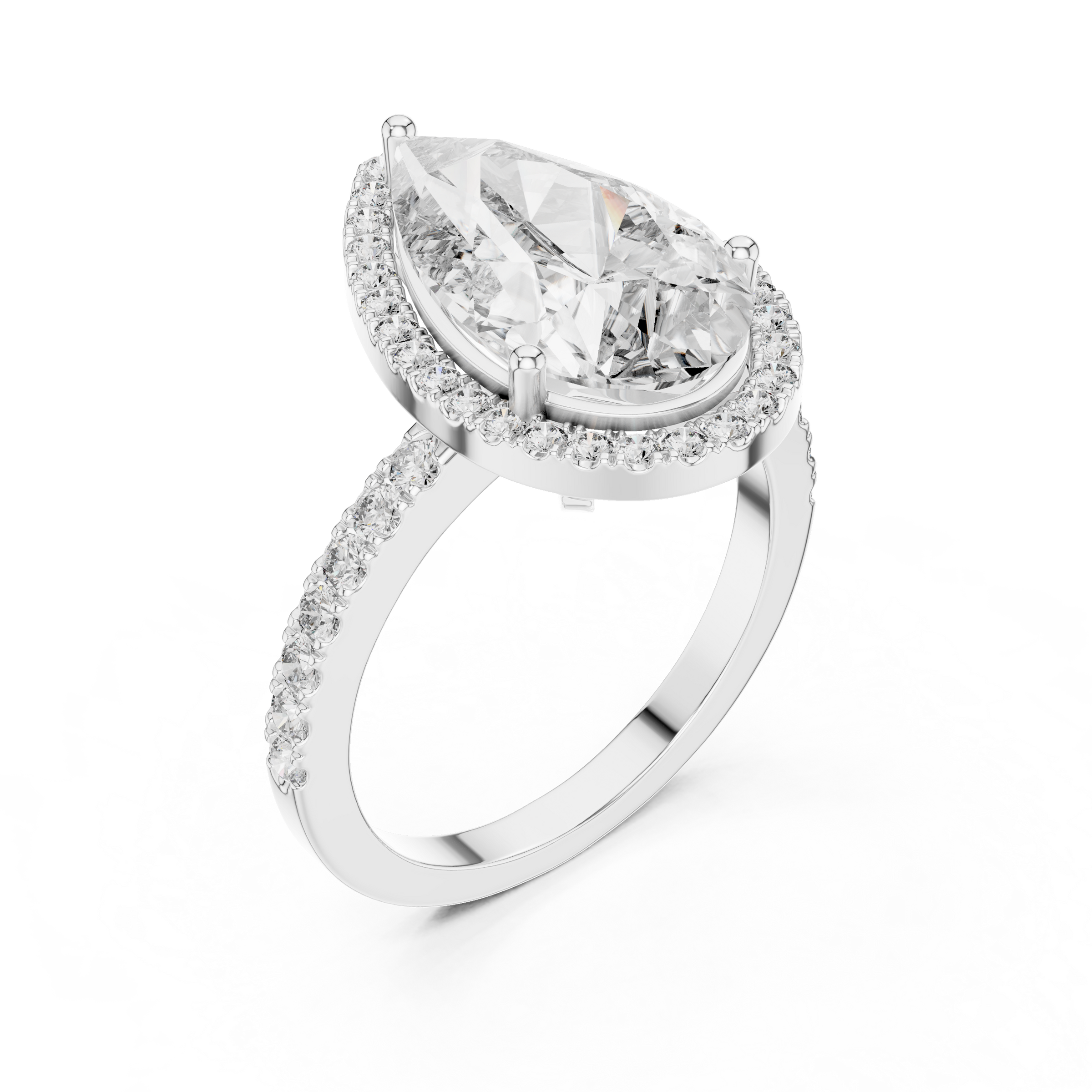 1–5 Carat Pear Cut Lab-Grown Diamond Halo Engagement Ring – Pavé Band in 18K Gold