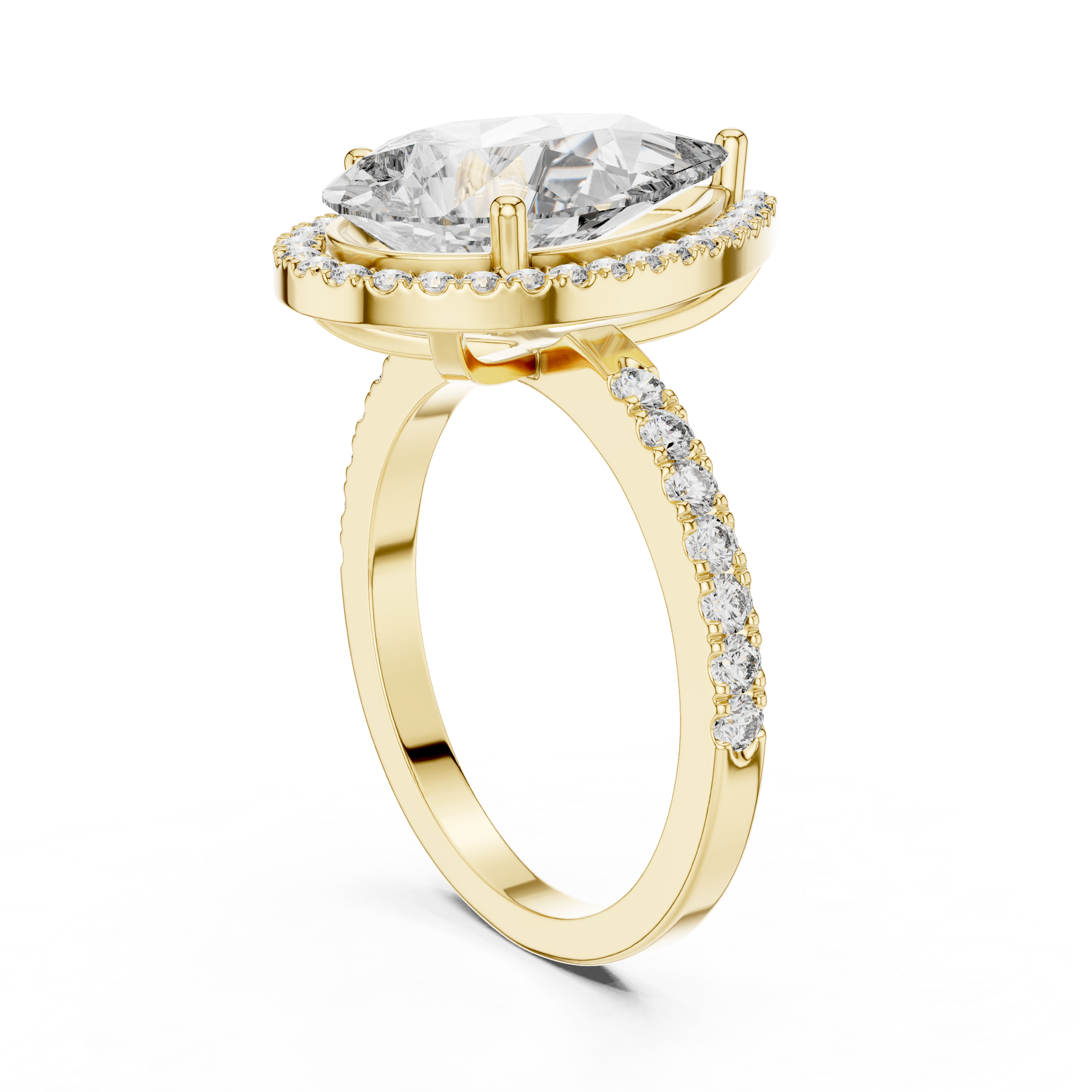 1–5 Carat Pear Cut Lab-Grown Diamond Halo Engagement Ring – Pavé Band in 18K Gold