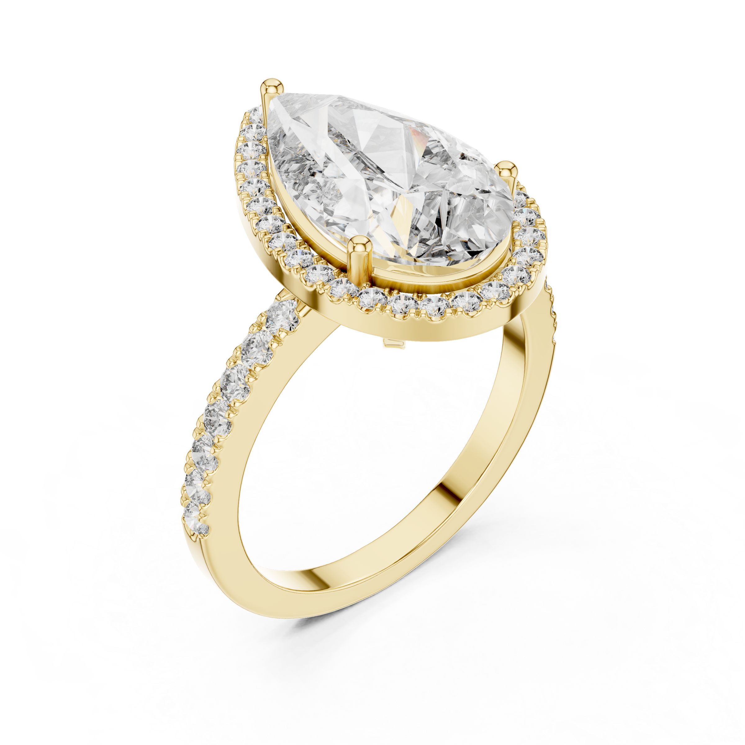 1–5 Carat Pear Cut Lab-Grown Diamond Halo Engagement Ring – Pavé Band in 18K Gold
