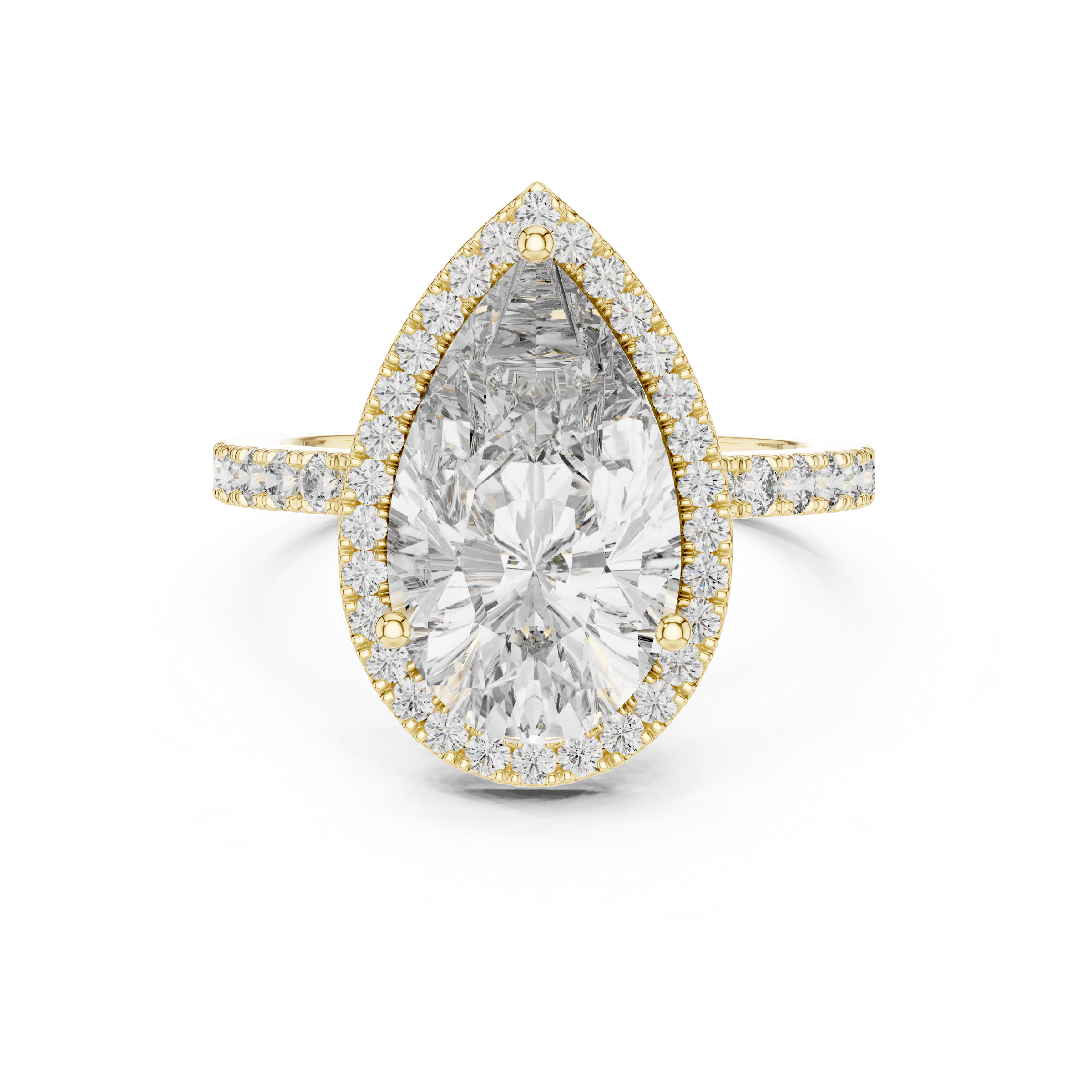 1–5 Carat Pear Cut Lab-Grown Diamond Halo Engagement Ring – Pavé Band in 18K Gold