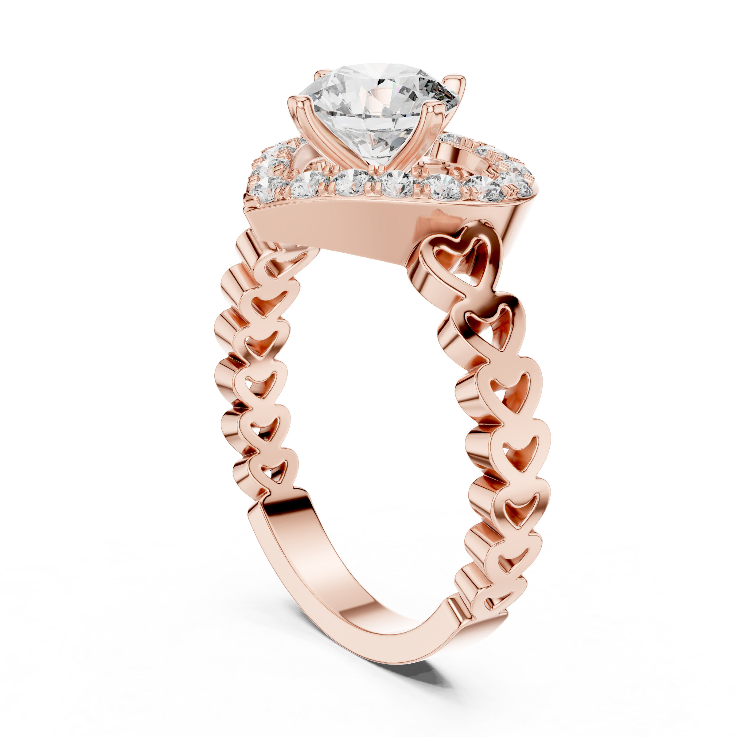 1–3 Carat Round Brilliant Cut Lab-Grown Diamond Solitaire Engagement Ring with Heart-Shaped Halo in 18K Gold Product Description: