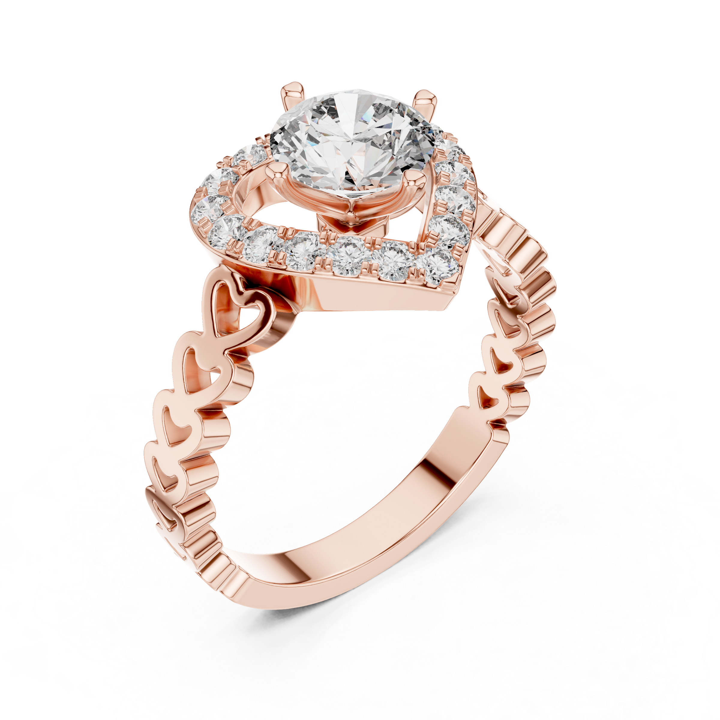 1–3 Carat Round Brilliant Cut Lab-Grown Diamond Solitaire Engagement Ring with Heart-Shaped Halo in 18K Gold Product Description: