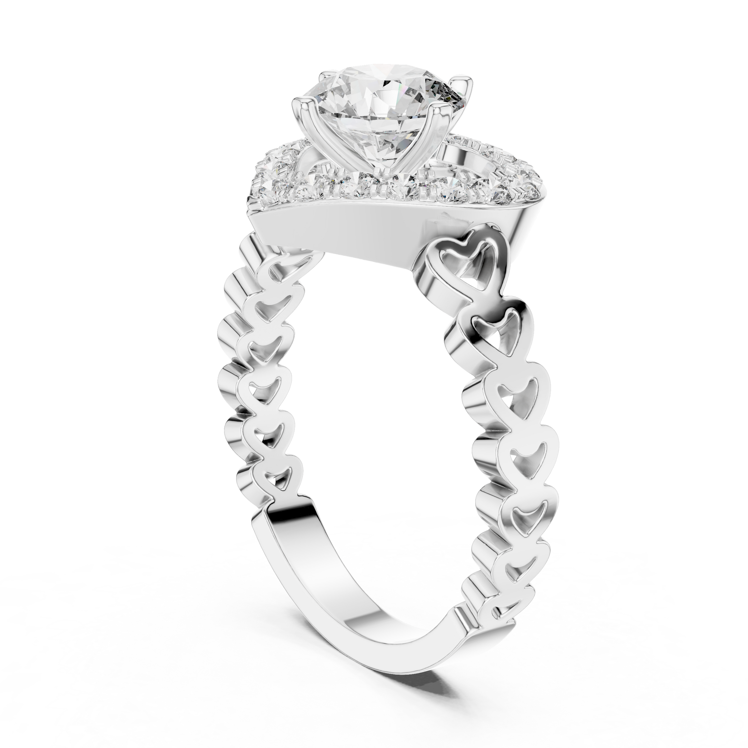 1–3 Carat Round Brilliant Cut Lab-Grown Diamond Solitaire Engagement Ring with Heart-Shaped Halo in 18K Gold Product Description: