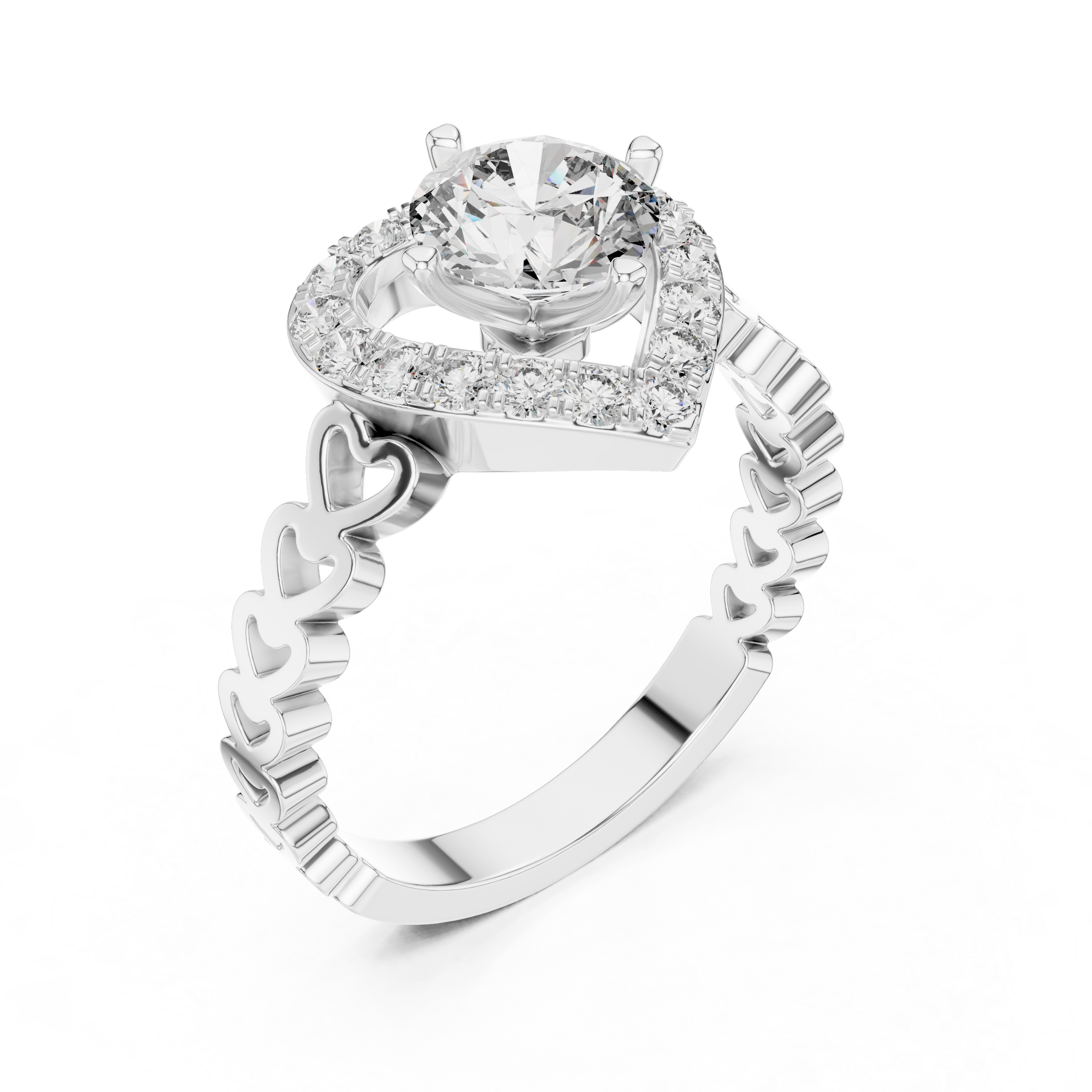 1–3 Carat Round Brilliant Cut Lab-Grown Diamond Solitaire Engagement Ring with Heart-Shaped Halo in 18K Gold Product Description: