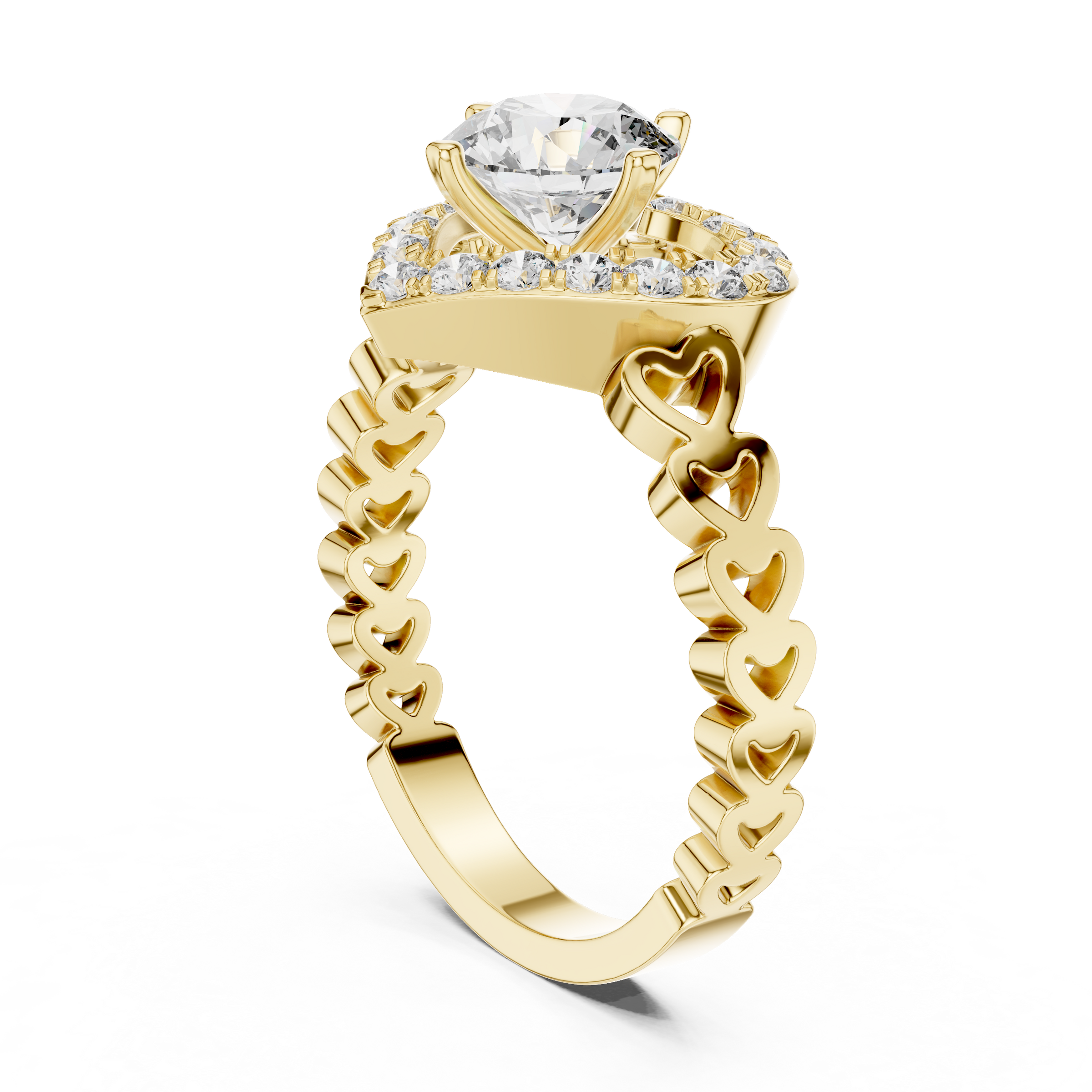1–3 Carat Round Brilliant Cut Lab-Grown Diamond Solitaire Engagement Ring with Heart-Shaped Halo in 18K Gold Product Description:
