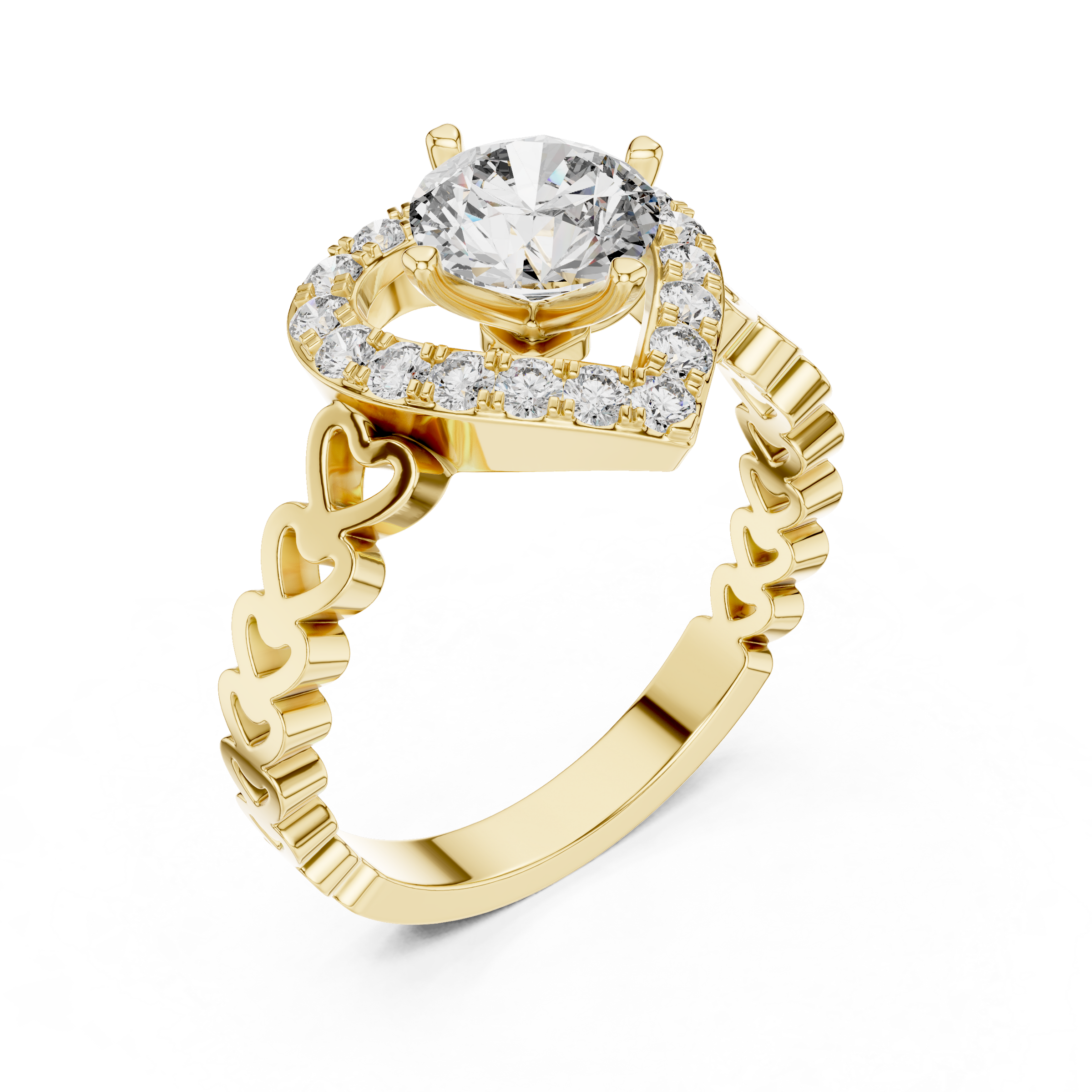 1–3 Carat Round Brilliant Cut Lab-Grown Diamond Solitaire Engagement Ring with Heart-Shaped Halo in 18K Gold Product Description: