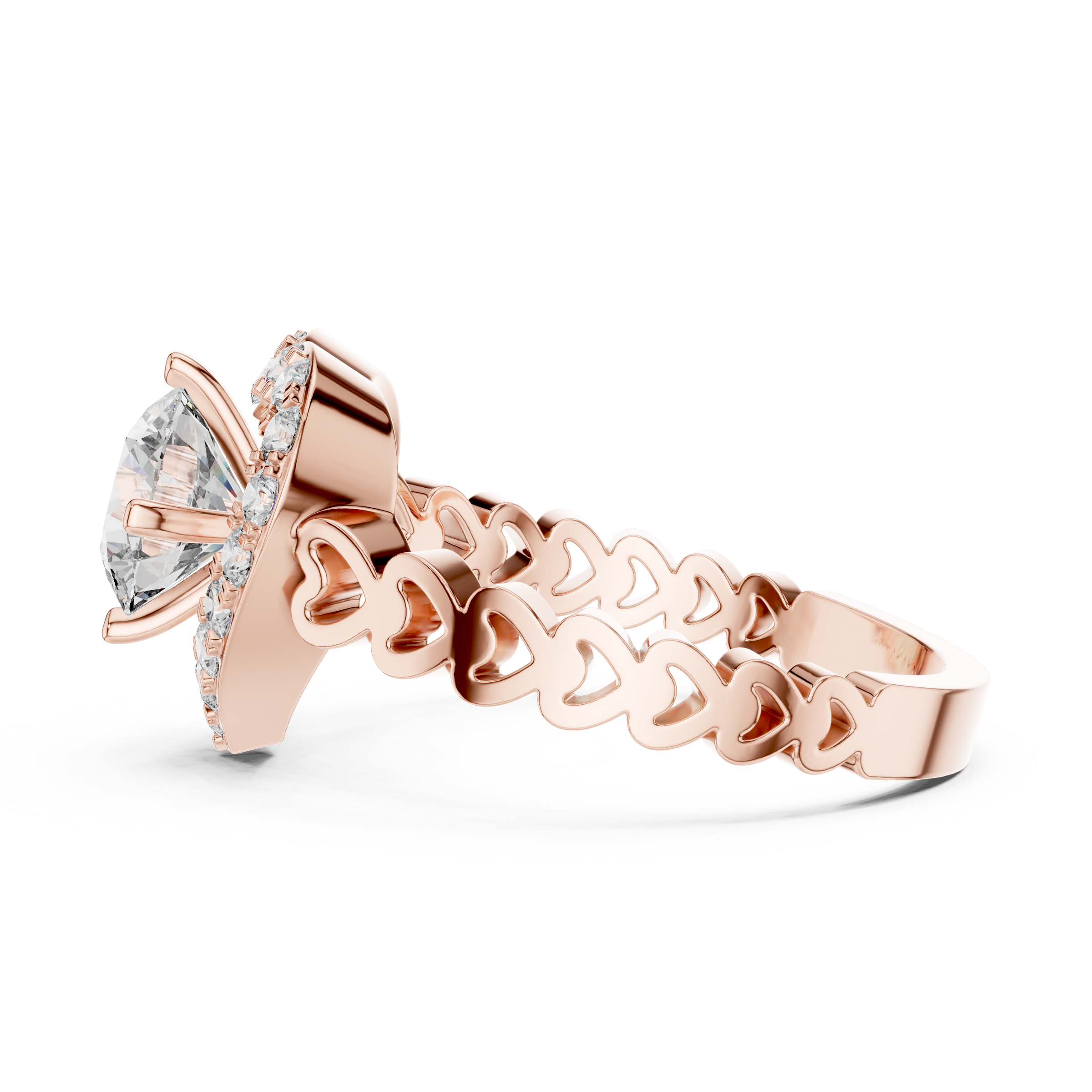 1–3 Carat Round Brilliant Cut Lab-Grown Diamond Solitaire Engagement Ring with Heart-Shaped Halo in 18K Gold Product Description: