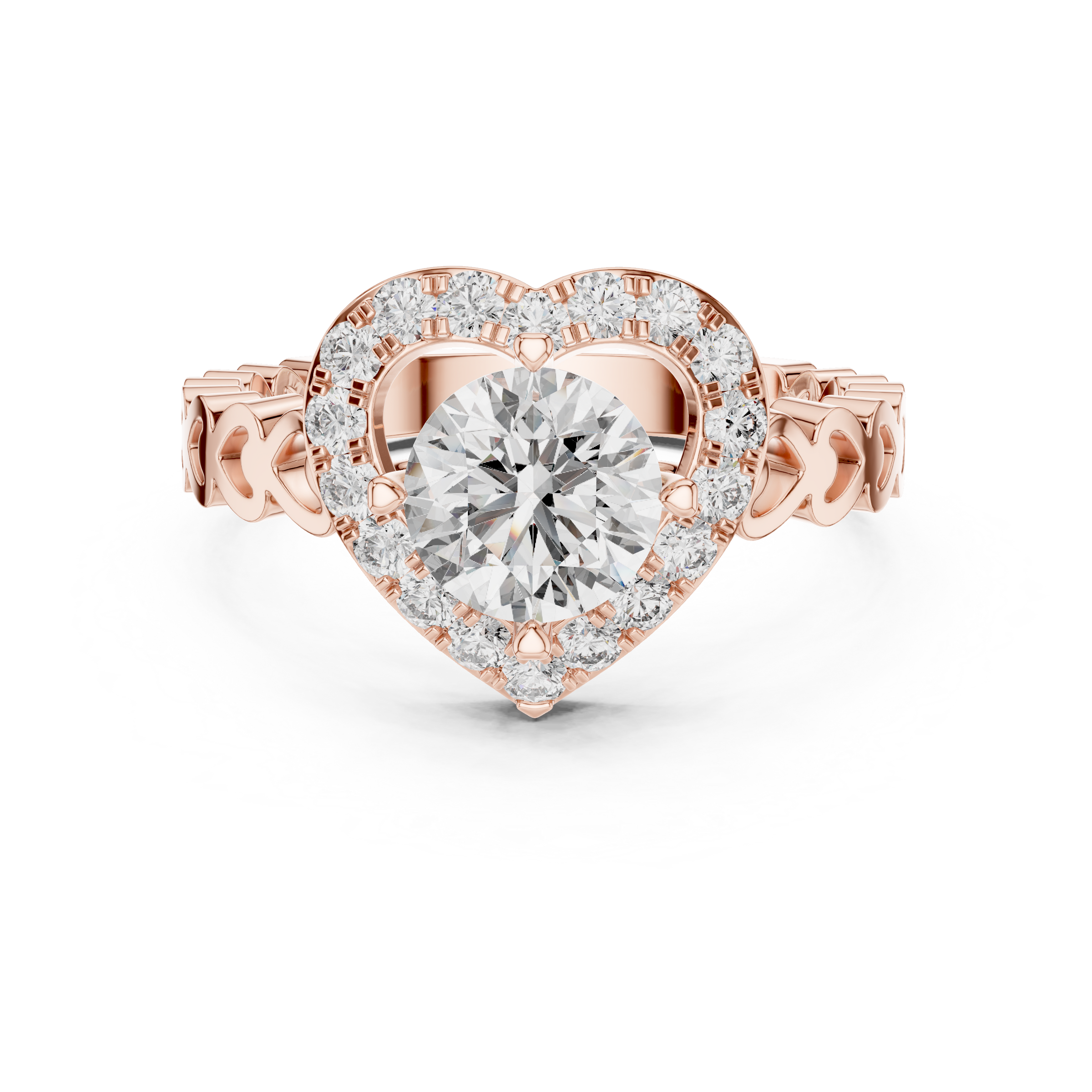 1–3 Carat Round Brilliant Cut Lab-Grown Diamond Solitaire Engagement Ring with Heart-Shaped Halo in 18K Gold Product Description: