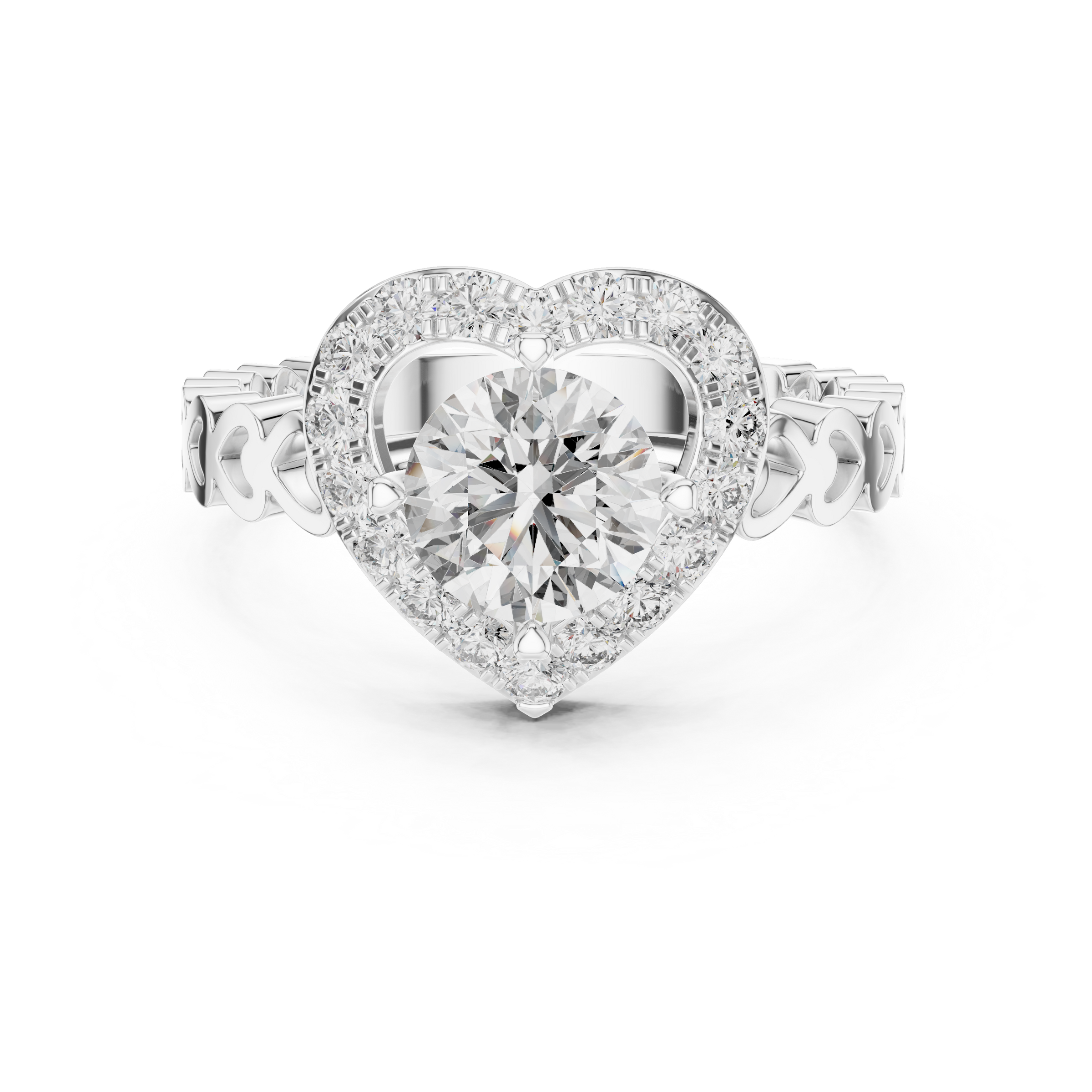 1–3 Carat Round Brilliant Cut Lab-Grown Diamond Solitaire Engagement Ring with Heart-Shaped Halo in 18K Gold Product Description: