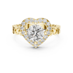 1–3 Carat Round Brilliant Cut Lab-Grown Diamond Solitaire Engagement Ring with Heart-Shaped Halo in 18K Gold Product Description: