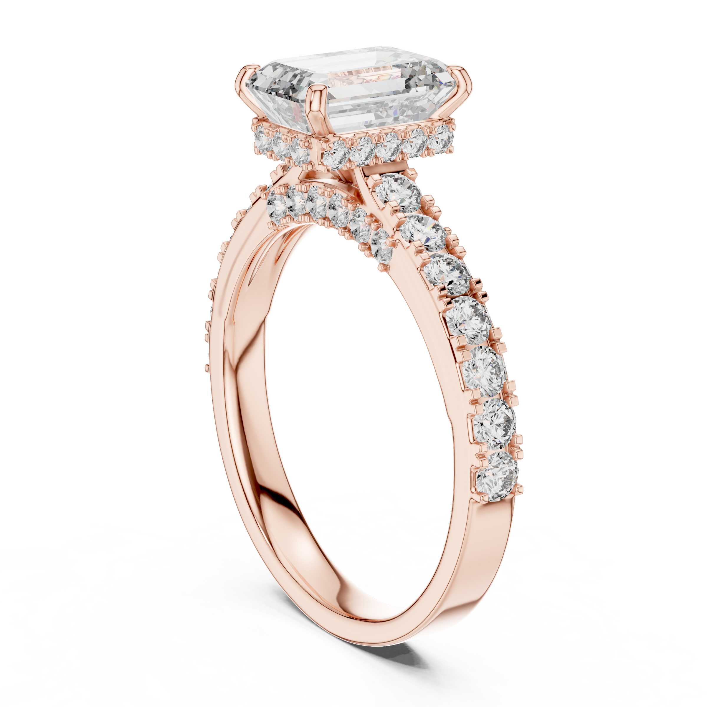 1–3 Carat Emerald Cut Lab-Grown Diamond Solitaire Engagement Ring – Hidden Halo & Pave Setting in 18K Gold