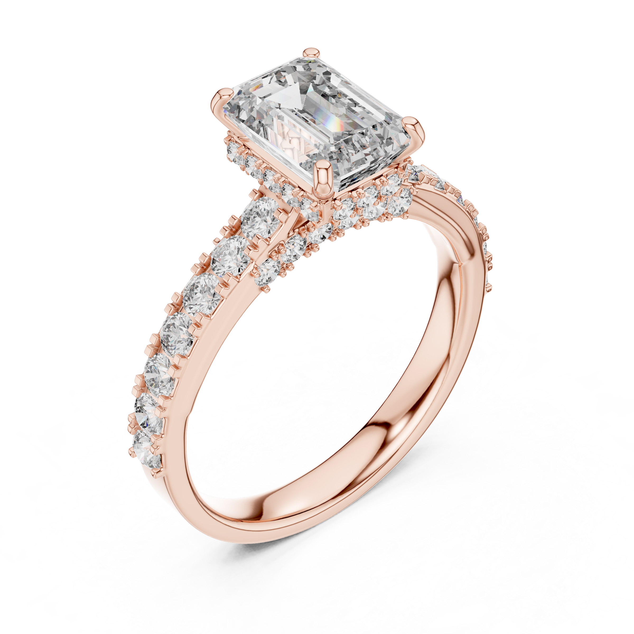 1–3 Carat Emerald Cut Lab-Grown Diamond Solitaire Engagement Ring – Hidden Halo & Pave Setting in 18K Gold