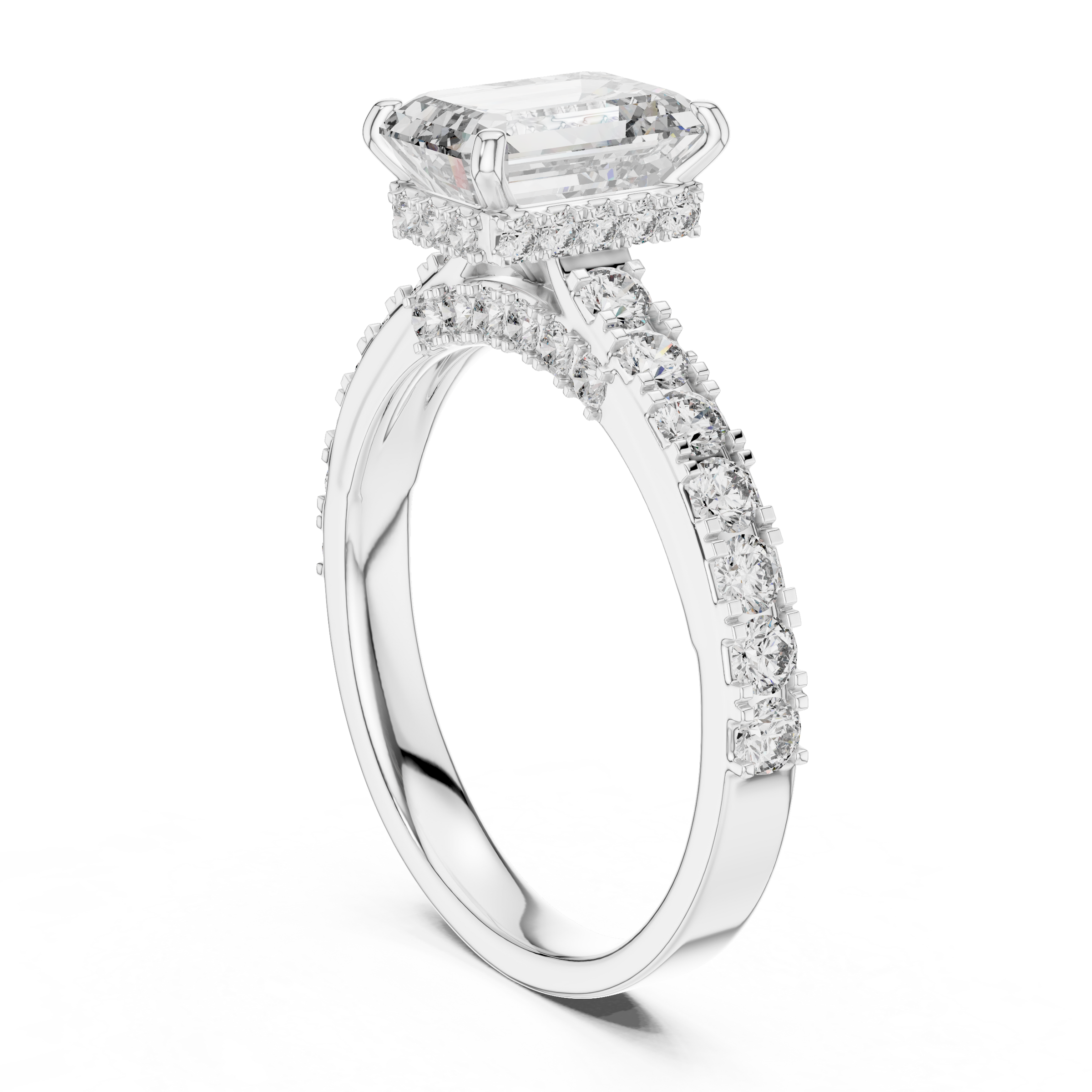 1–3 Carat Emerald Cut Lab-Grown Diamond Solitaire Engagement Ring – Hidden Halo & Pave Setting in 18K Gold