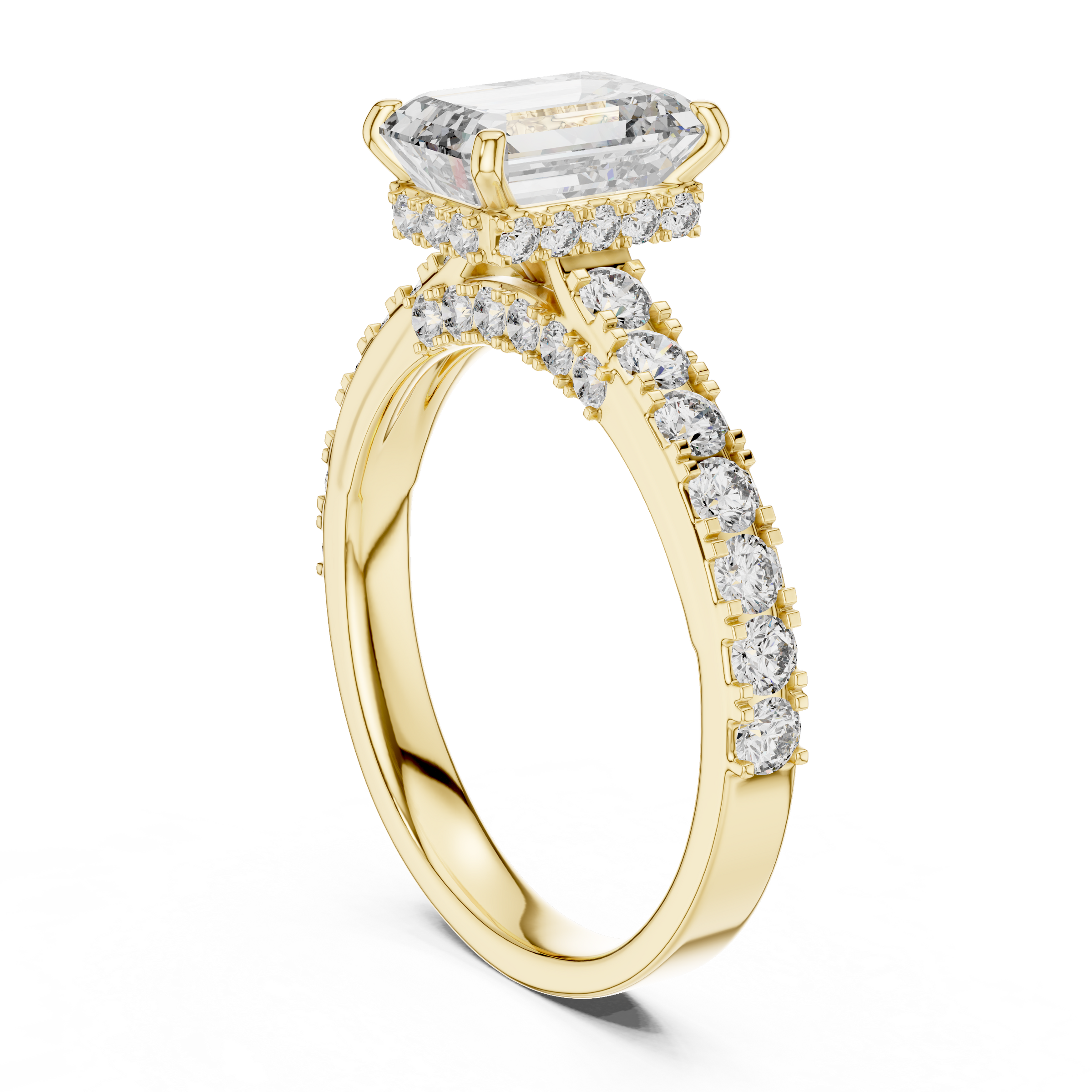 1–3 Carat Emerald Cut Lab-Grown Diamond Solitaire Engagement Ring – Hidden Halo & Pave Setting in 18K Gold