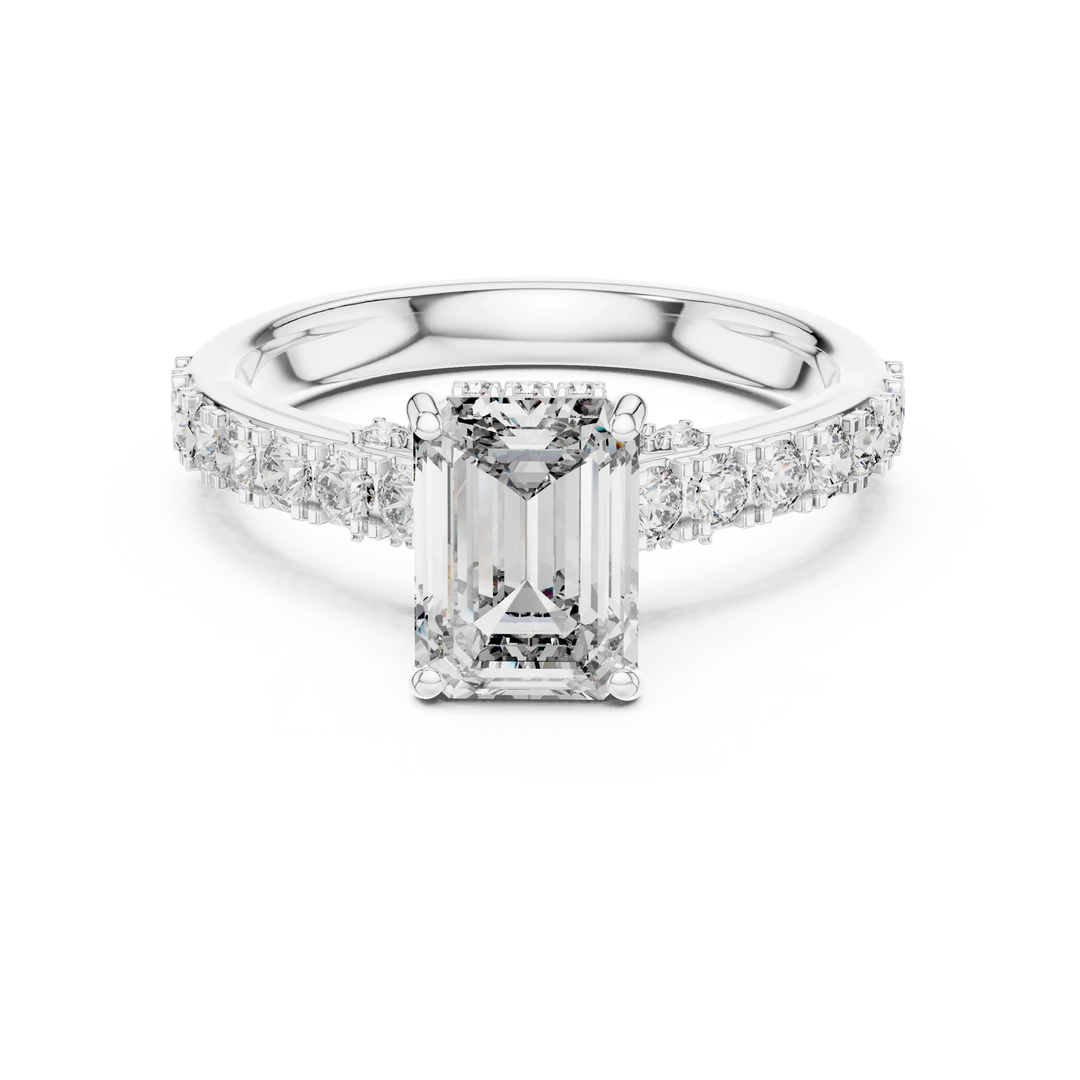 Emerald cut lab-grown diamond engagement ring with pave band, sustainable luxury jewelry