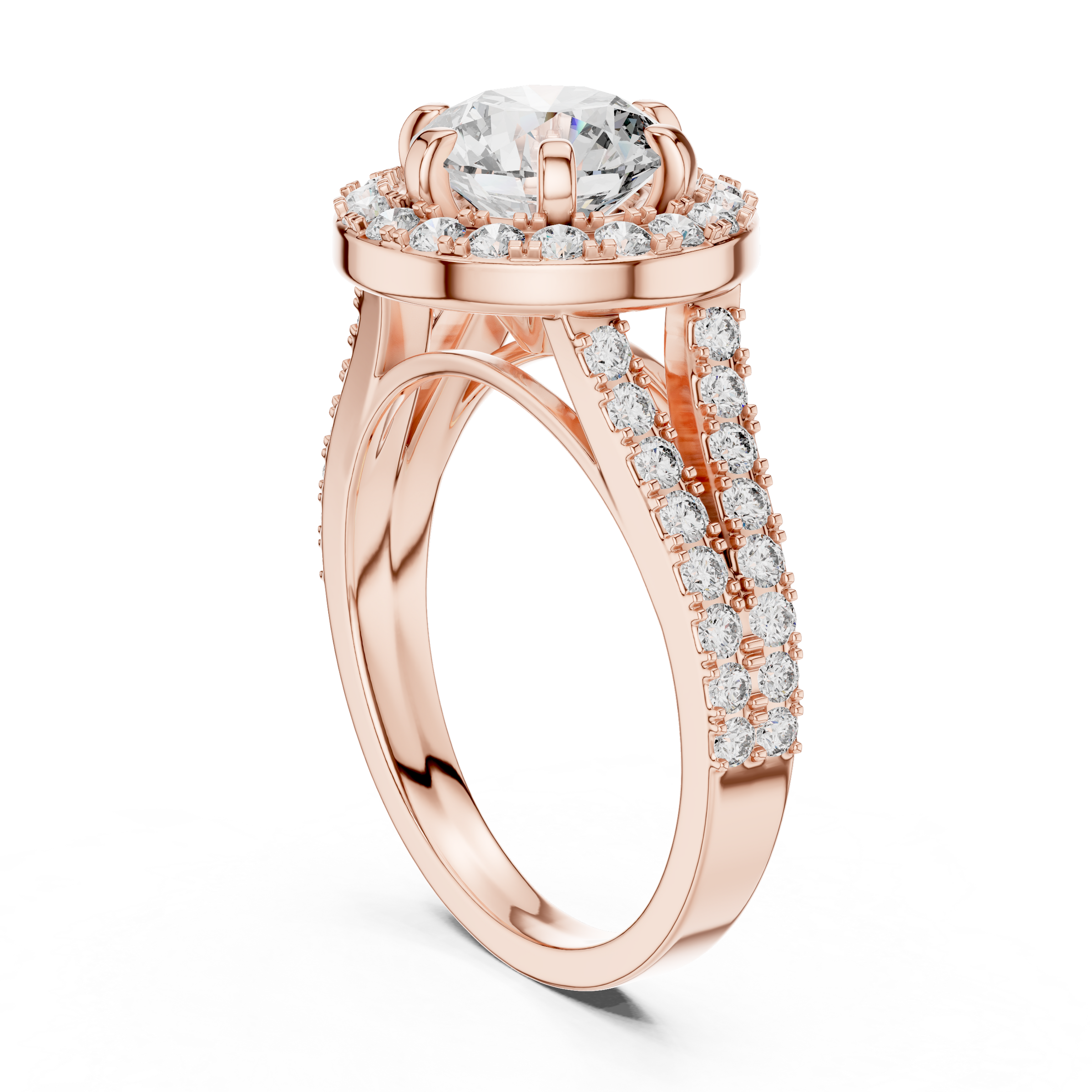 1–3 Carat Round Cut Lab-Grown Diamond Solitaire Engagement Ring – Diamond Halo, Split Shank & Pavé Band in 18K Gold