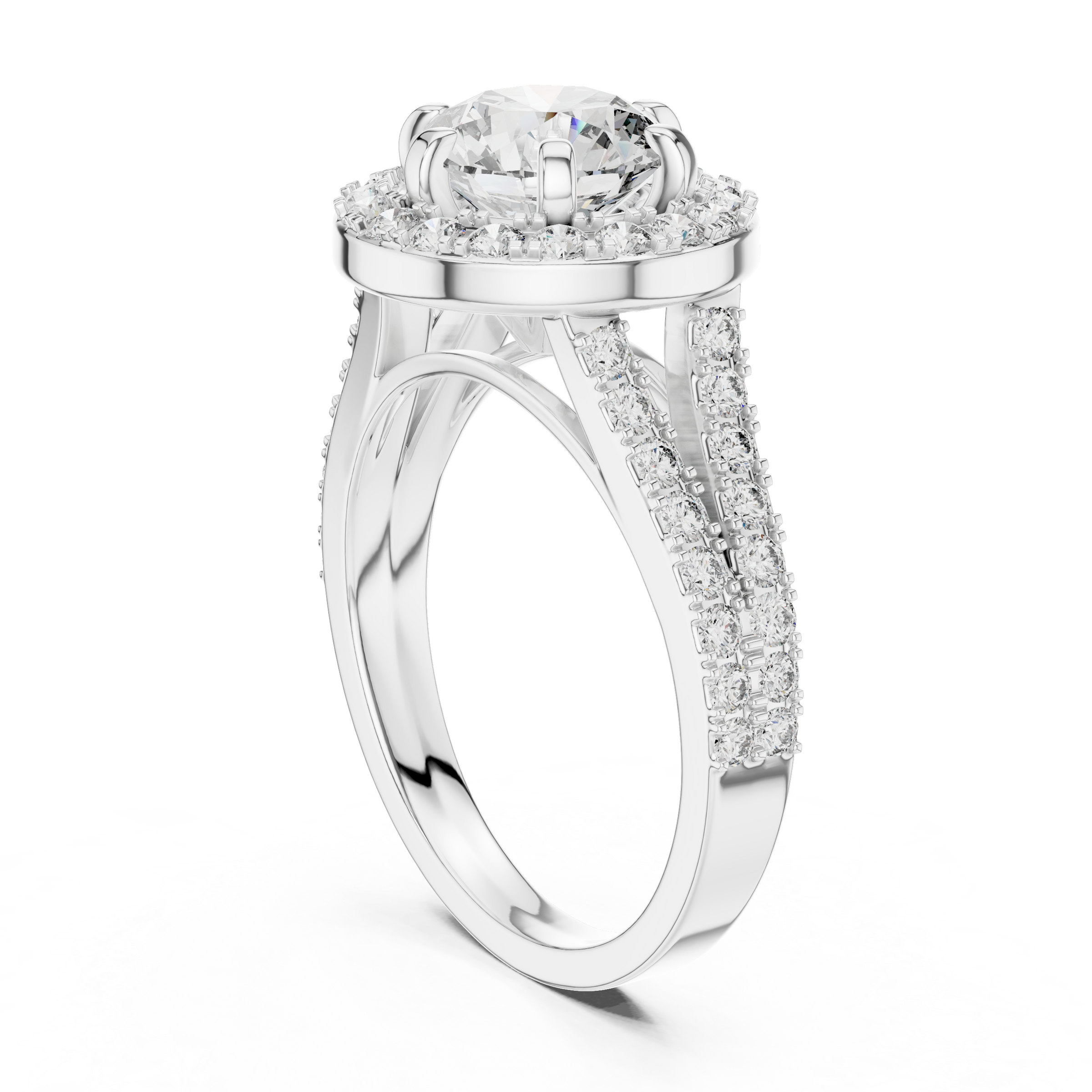 1–3 Carat Round Cut Lab-Grown Diamond Solitaire Engagement Ring – Diamond Halo, Split Shank & Pavé Band in 18K Gold