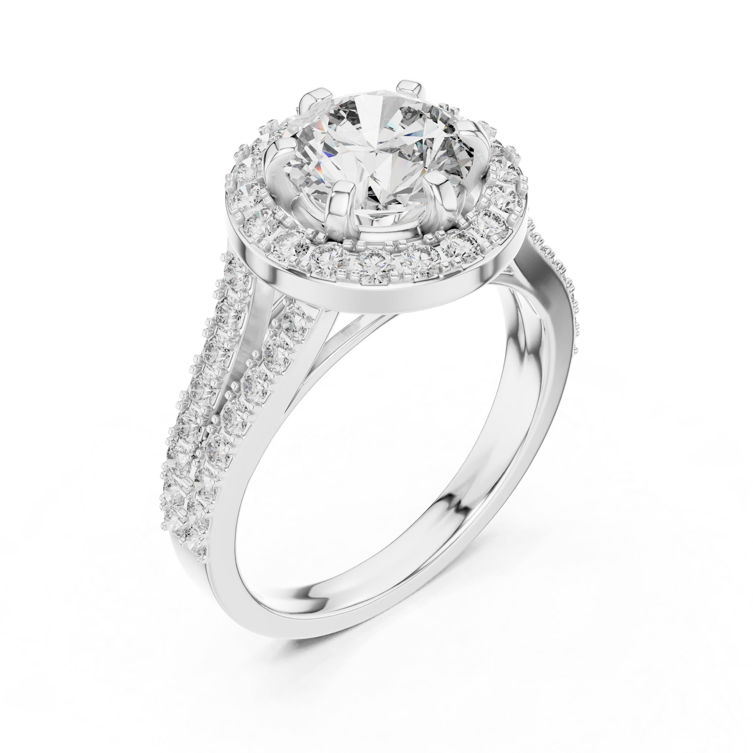 1–3 Carat Round Cut Lab-Grown Diamond Solitaire Engagement Ring – Diamond Halo, Split Shank & Pavé Band in 18K Gold