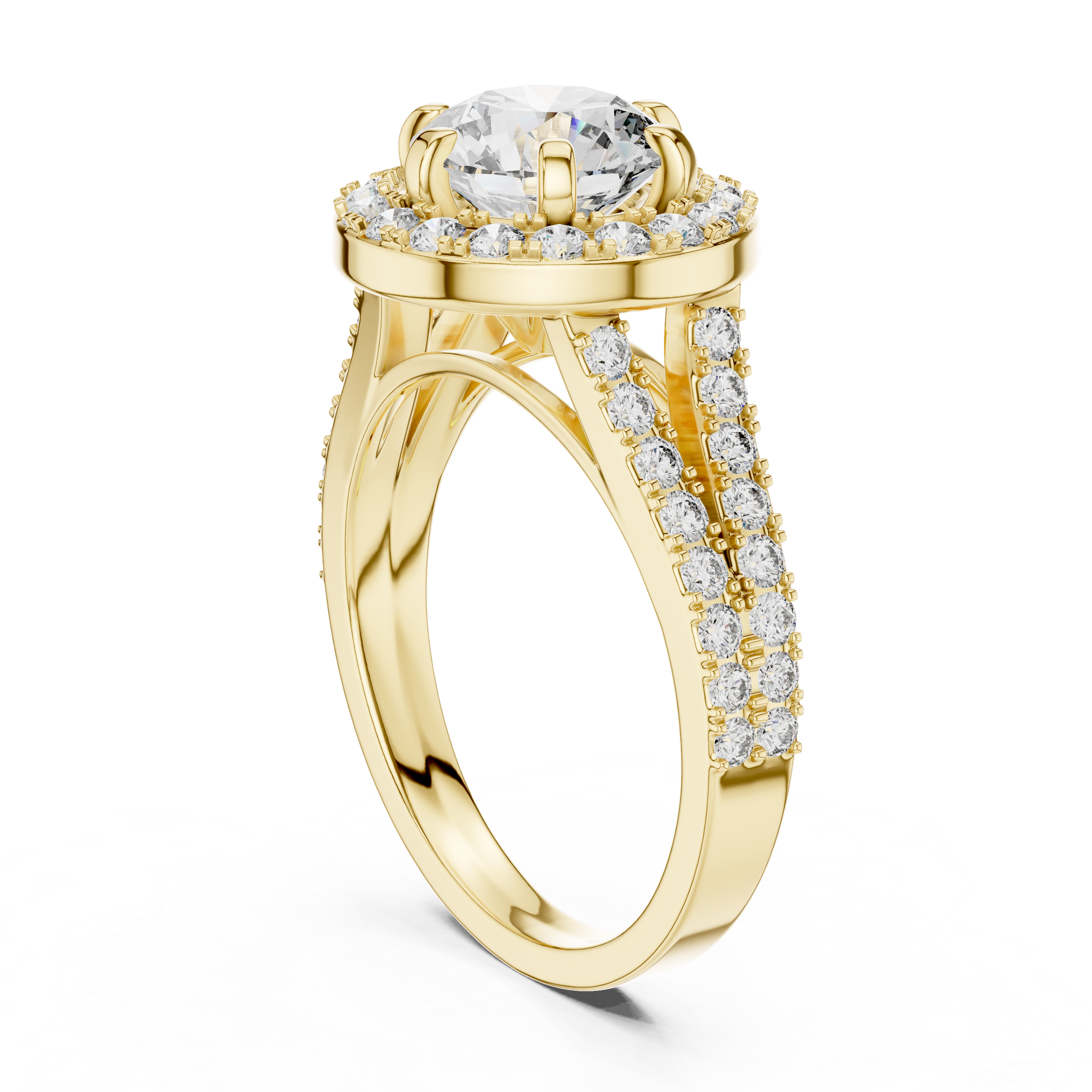 1–3 Carat Round Cut Lab-Grown Diamond Solitaire Engagement Ring – Diamond Halo, Split Shank & Pavé Band in 18K Gold