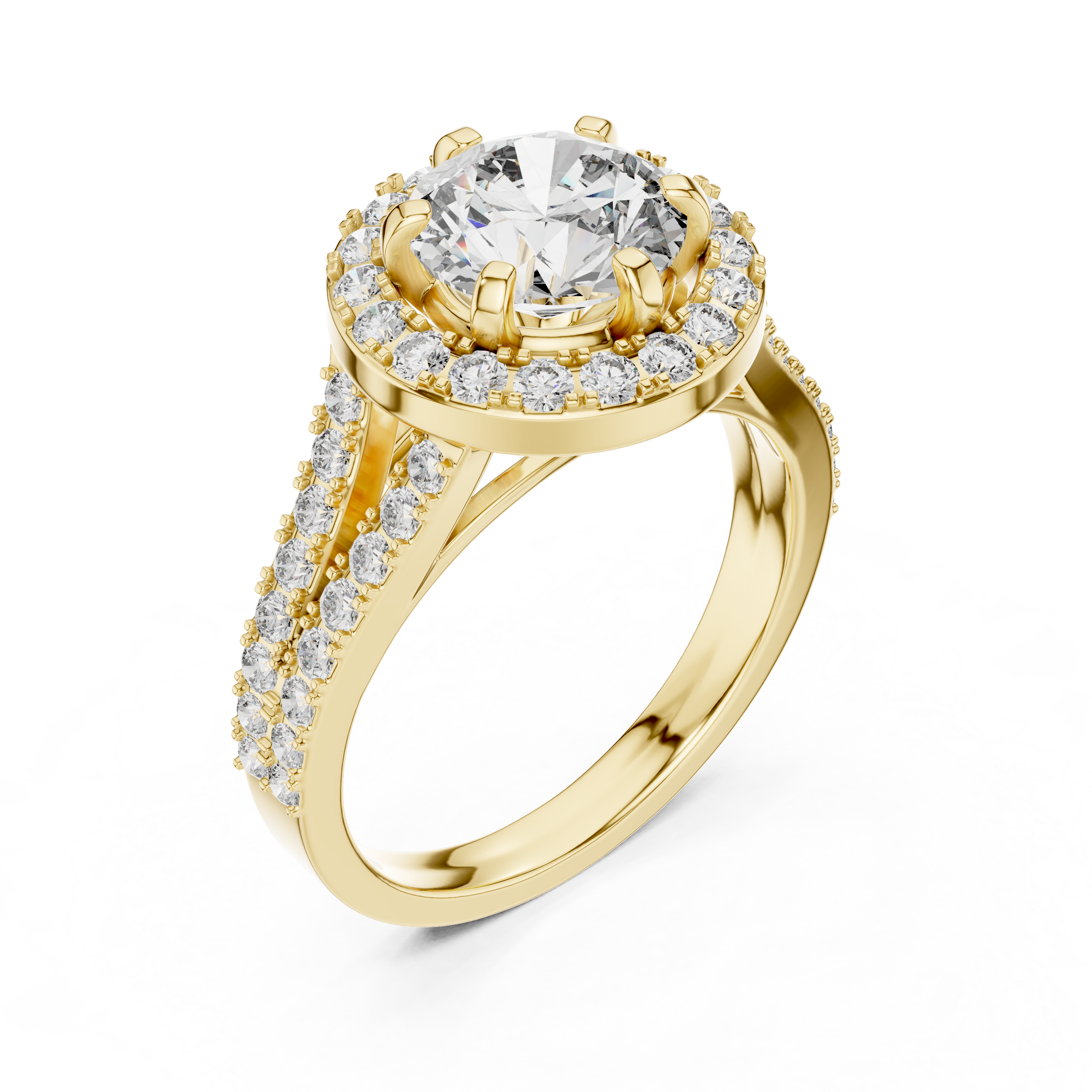 1–3 Carat Round Cut Lab-Grown Diamond Solitaire Engagement Ring – Diamond Halo, Split Shank & Pavé Band in 18K Gold