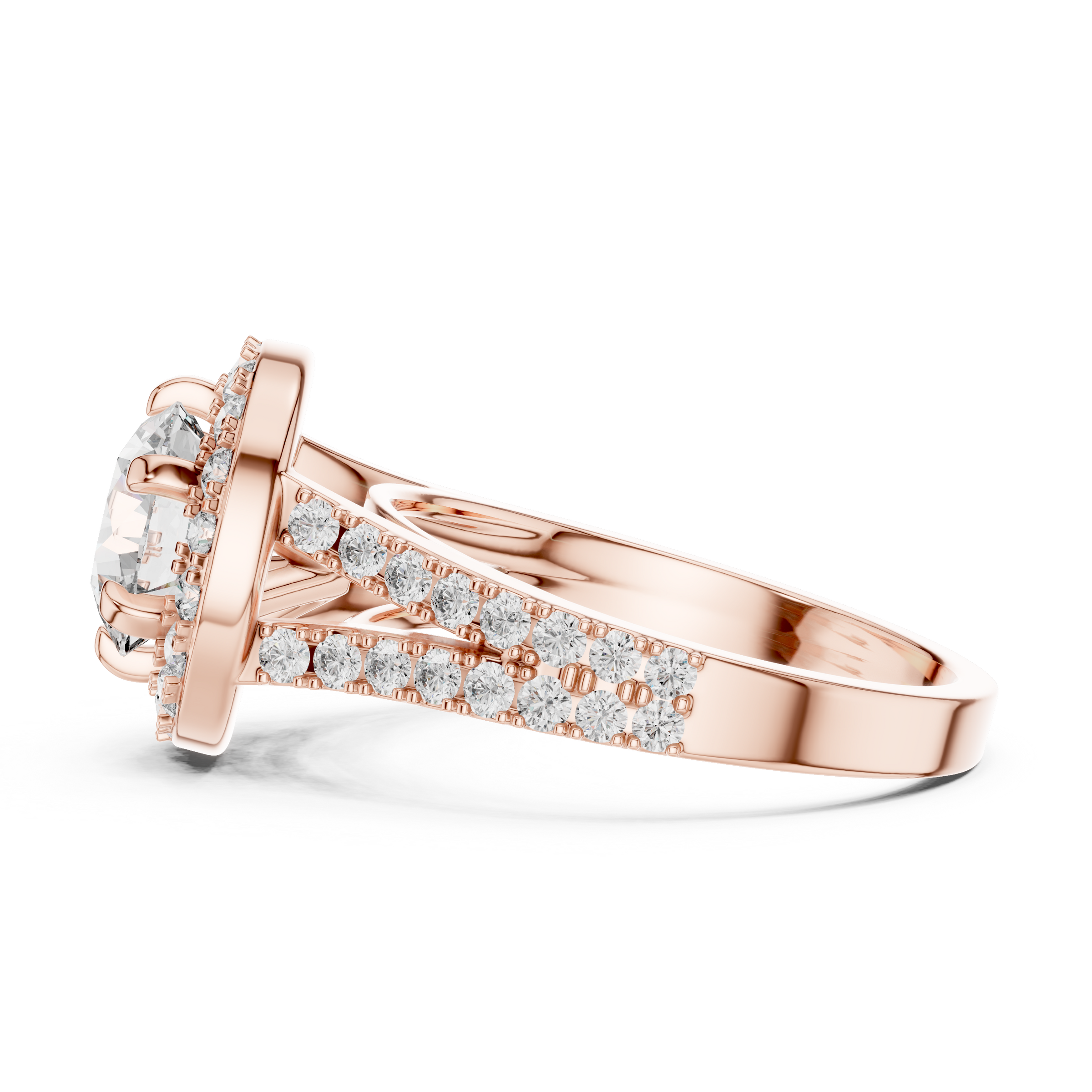 1–3 Carat Round Cut Lab-Grown Diamond Solitaire Engagement Ring – Diamond Halo, Split Shank & Pavé Band in 18K Gold