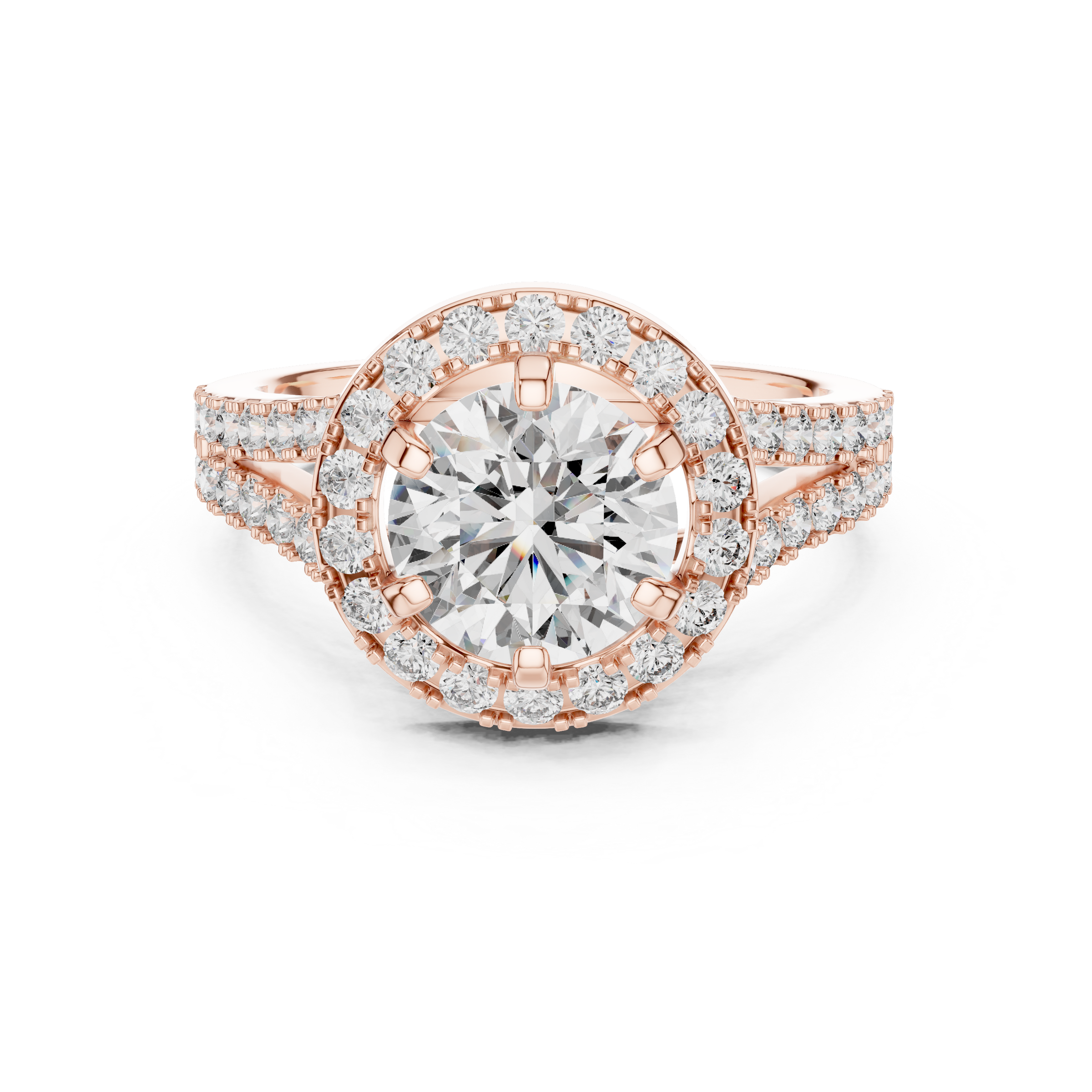 1–3 Carat Round Cut Lab-Grown Diamond Solitaire Engagement Ring – Diamond Halo, Split Shank & Pavé Band in 18K Gold