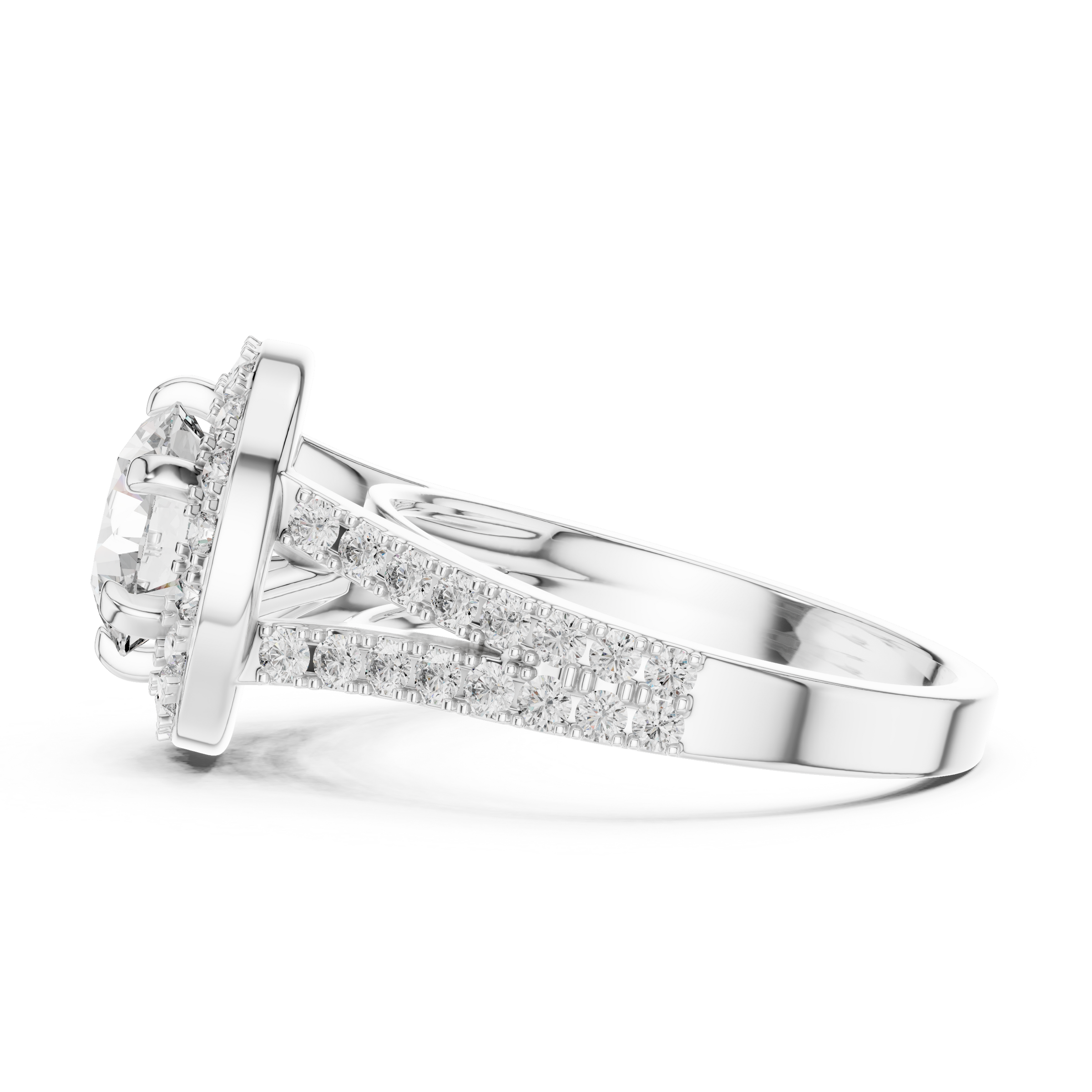 1–3 Carat Round Cut Lab-Grown Diamond Solitaire Engagement Ring – Diamond Halo, Split Shank & Pavé Band in 18K Gold
