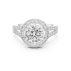 1–3 Carat Round Cut Lab-Grown Diamond Solitaire Engagement Ring – Diamond Halo, Split Shank & Pavé Band in 18K Gold