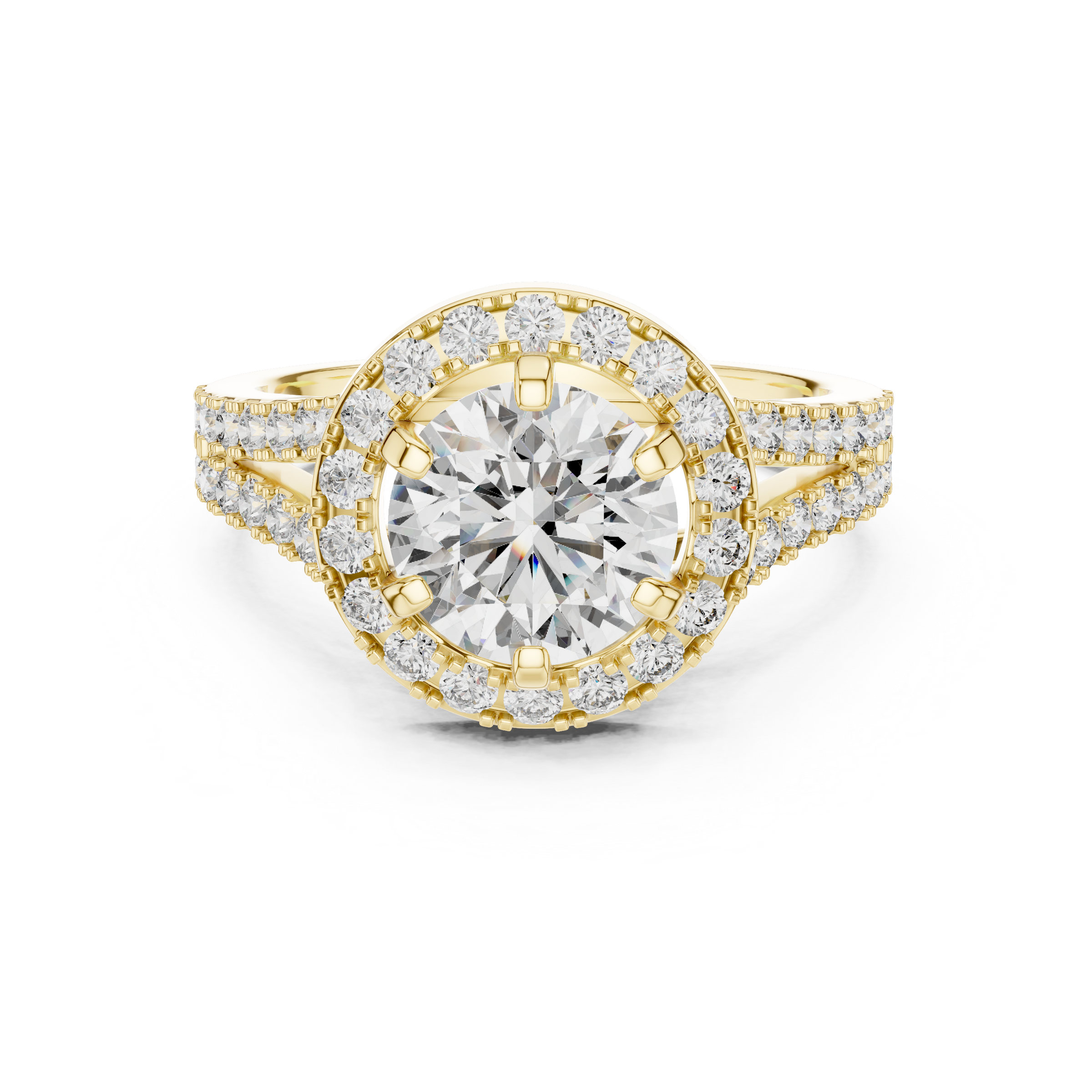 1–3 Carat Round Cut Lab-Grown Diamond Solitaire Engagement Ring – Diamond Halo, Split Shank & Pavé Band in 18K Gold