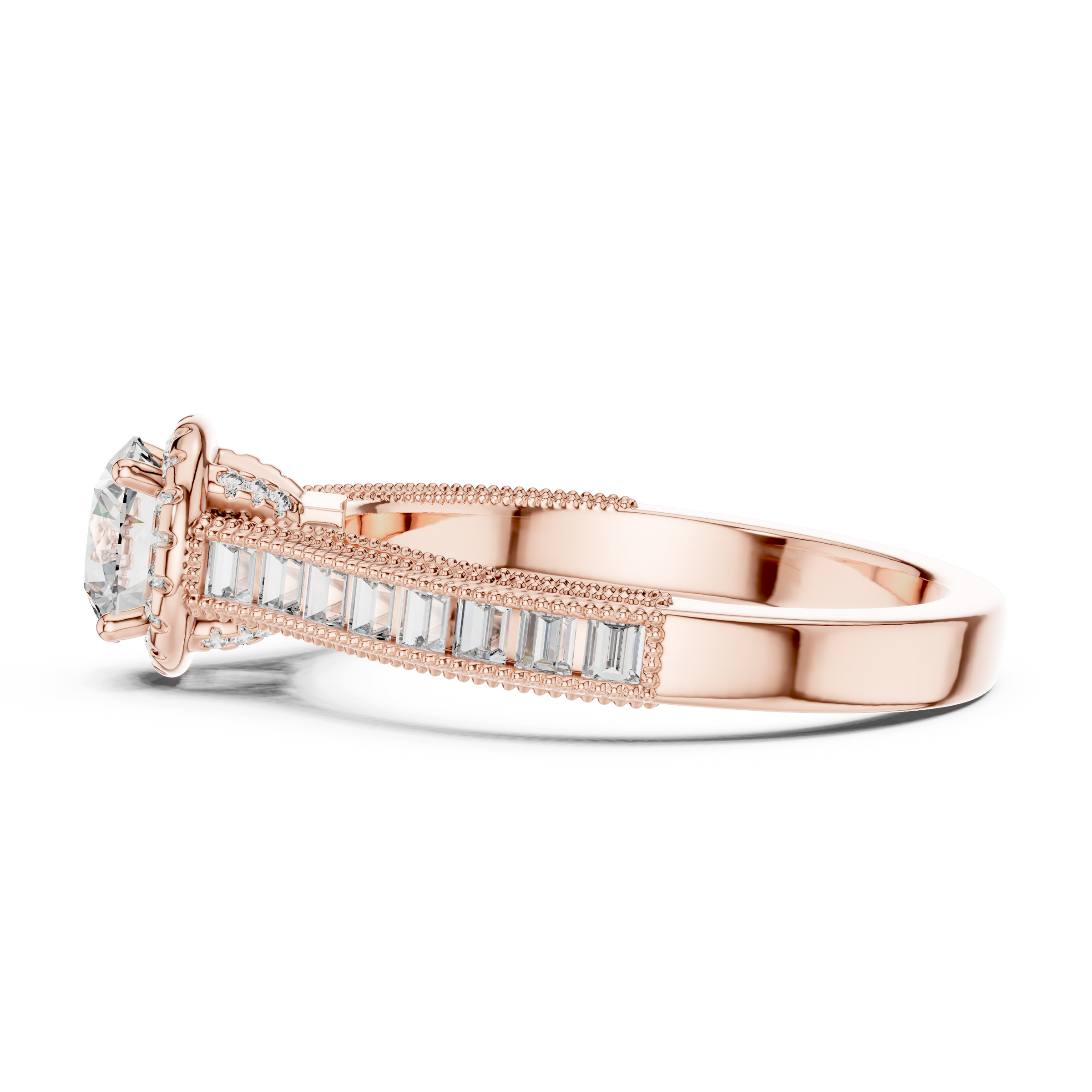 1–3 Carat Round Cut Lab-Grown Diamond Solitaire Engagement Ring with Channel Setting Baguette Side Diamonds in 18K Gold