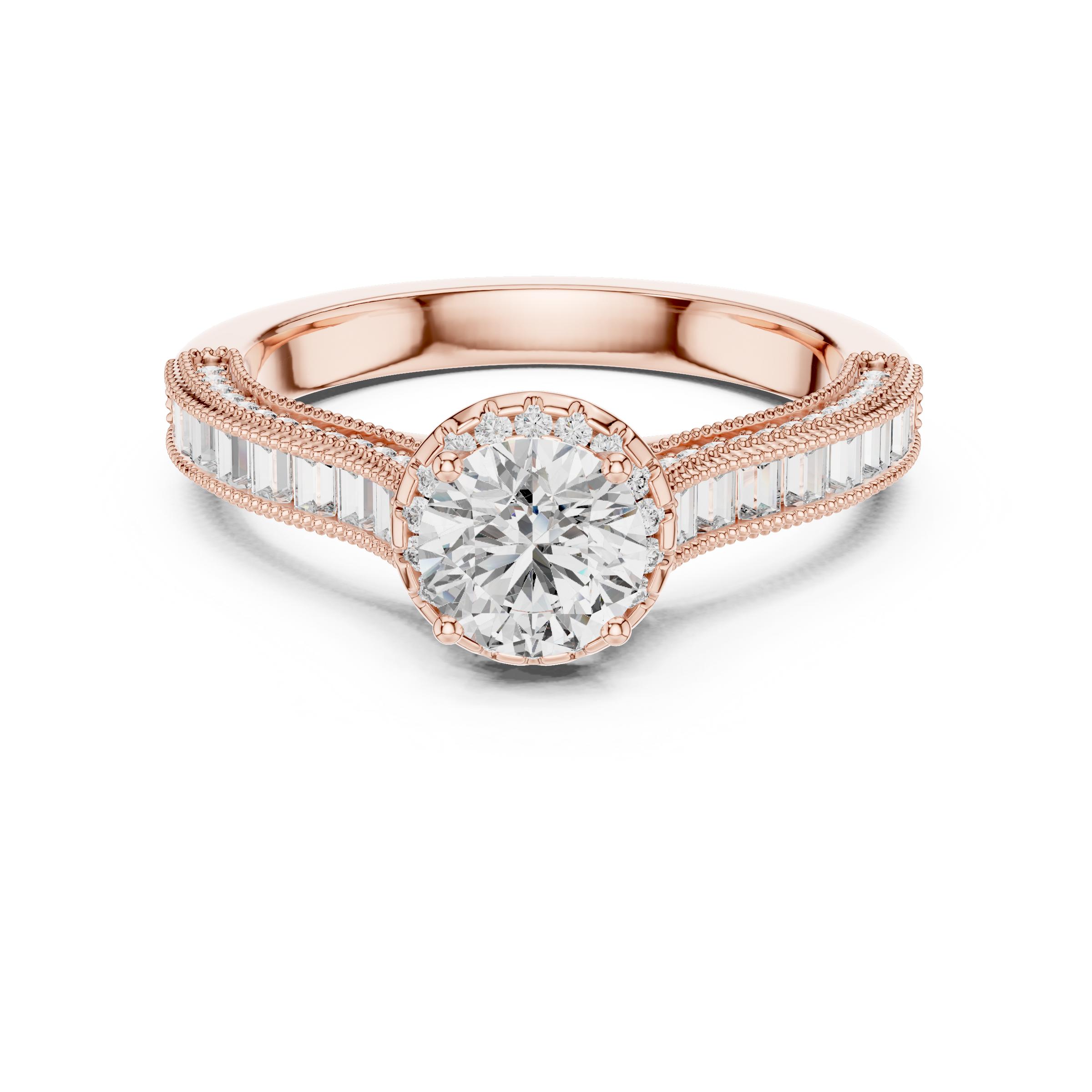 1–3 Carat Round Cut Lab-Grown Diamond Solitaire Engagement Ring with Channel Setting Baguette Side Diamonds in 18K Gold