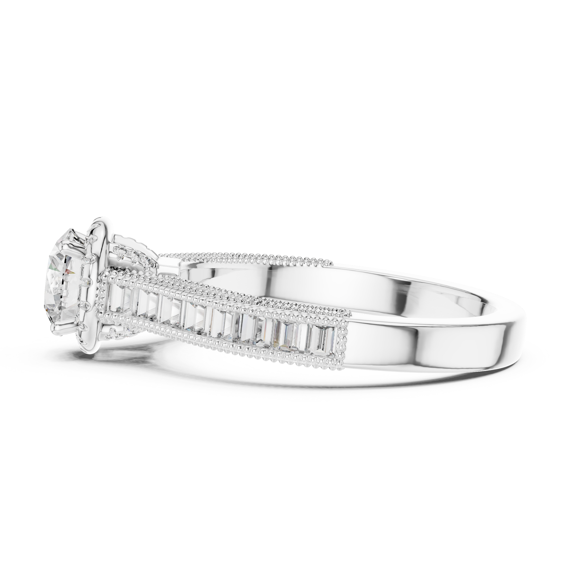 1–3 Carat Round Cut Lab-Grown Diamond Solitaire Engagement Ring with Channel Setting Baguette Side Diamonds in 18K Gold
