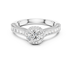 1–3 Carat Round Cut Lab-Grown Diamond Solitaire Engagement Ring with Channel Setting Baguette Side Diamonds in 18K Gold