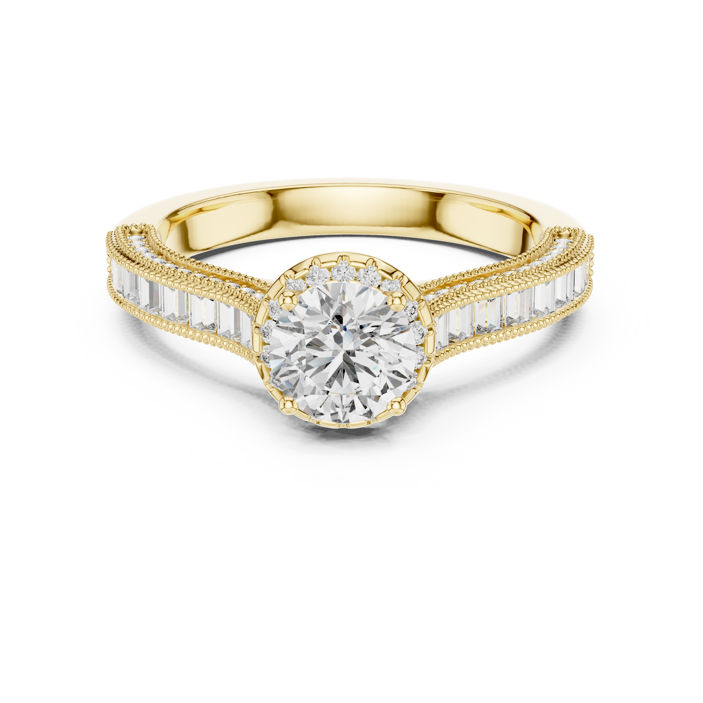 1–3 Carat Round Cut Lab-Grown Diamond Solitaire Engagement Ring with Channel Setting Baguette Side Diamonds in 18K Gold