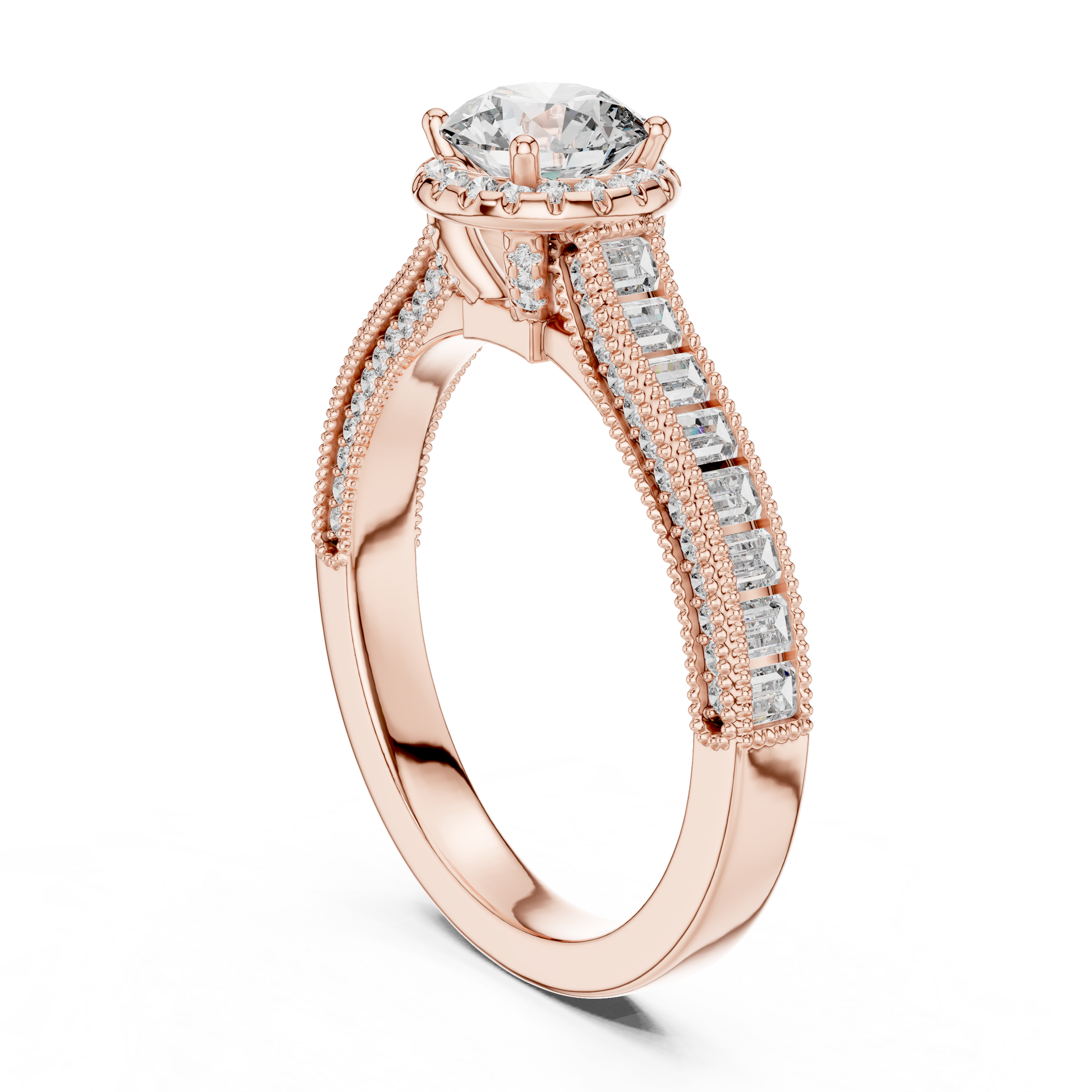 1–3 Carat Round Cut Lab-Grown Diamond Solitaire Engagement Ring with Channel Setting Baguette Side Diamonds in 18K Gold